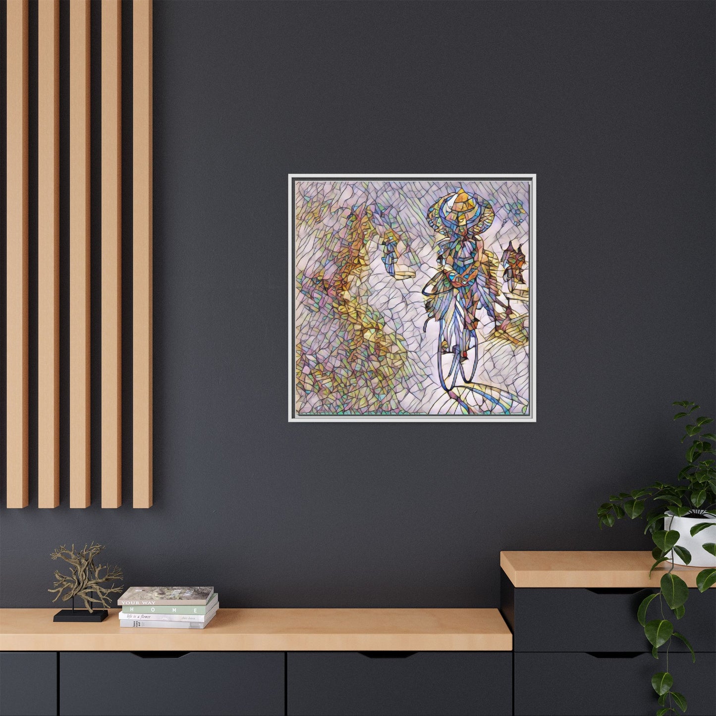 Abstract Cyclist Stained-Glass Art Print — Framed Matte Canvas