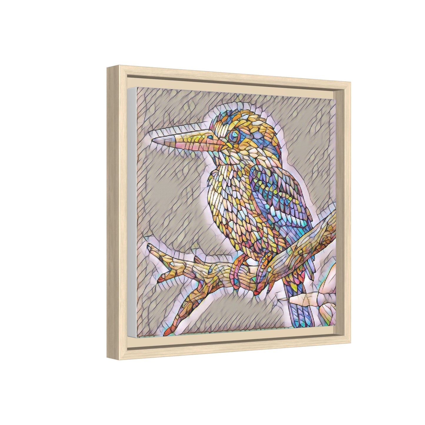 Colorful Kingfisher Framed Canvas Wall Art — Stained-Glass Style Bird Print