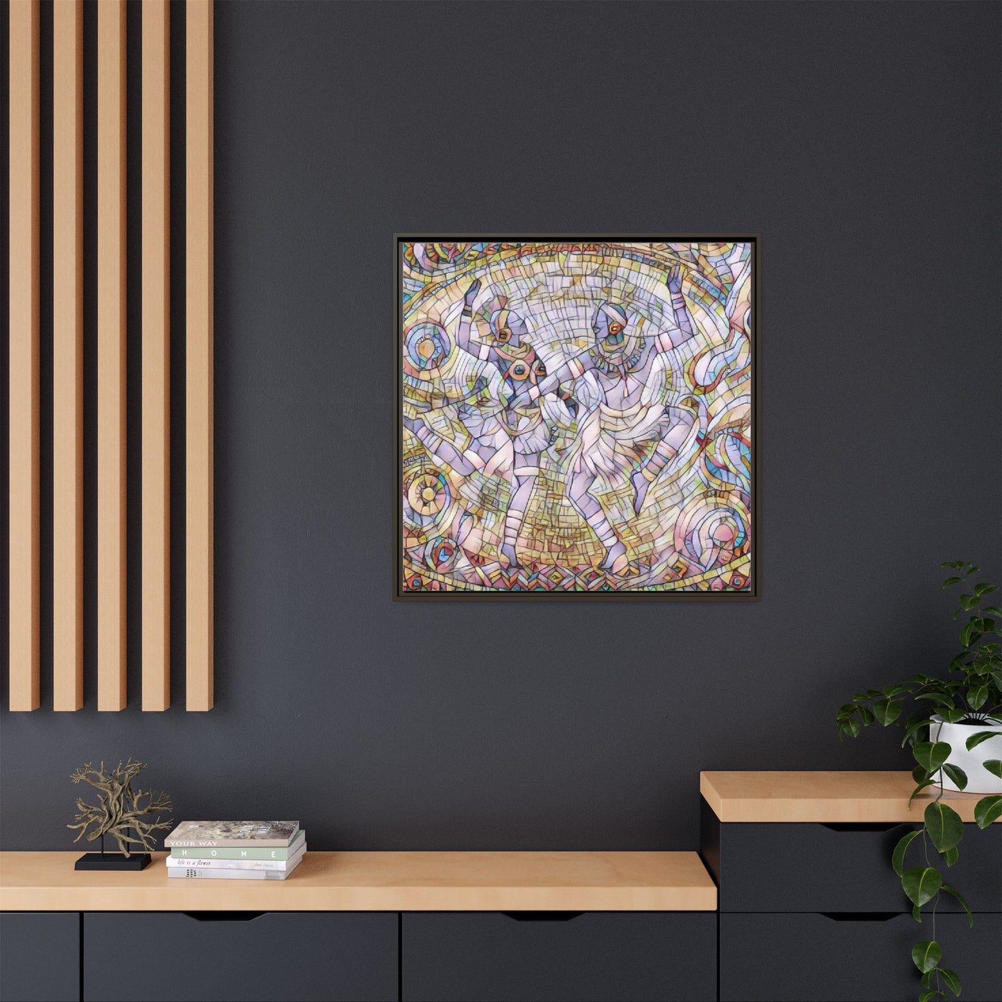 Abstract Dancers Matte Framed Canvas Wall Art — Multi‑Color Stained Glass Style