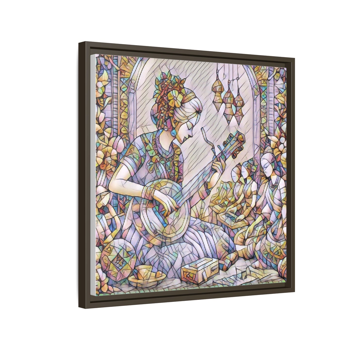 Framed Matte Canvas: Bohemian Woman Playing Lute — Stained-Glass Style Wall Art