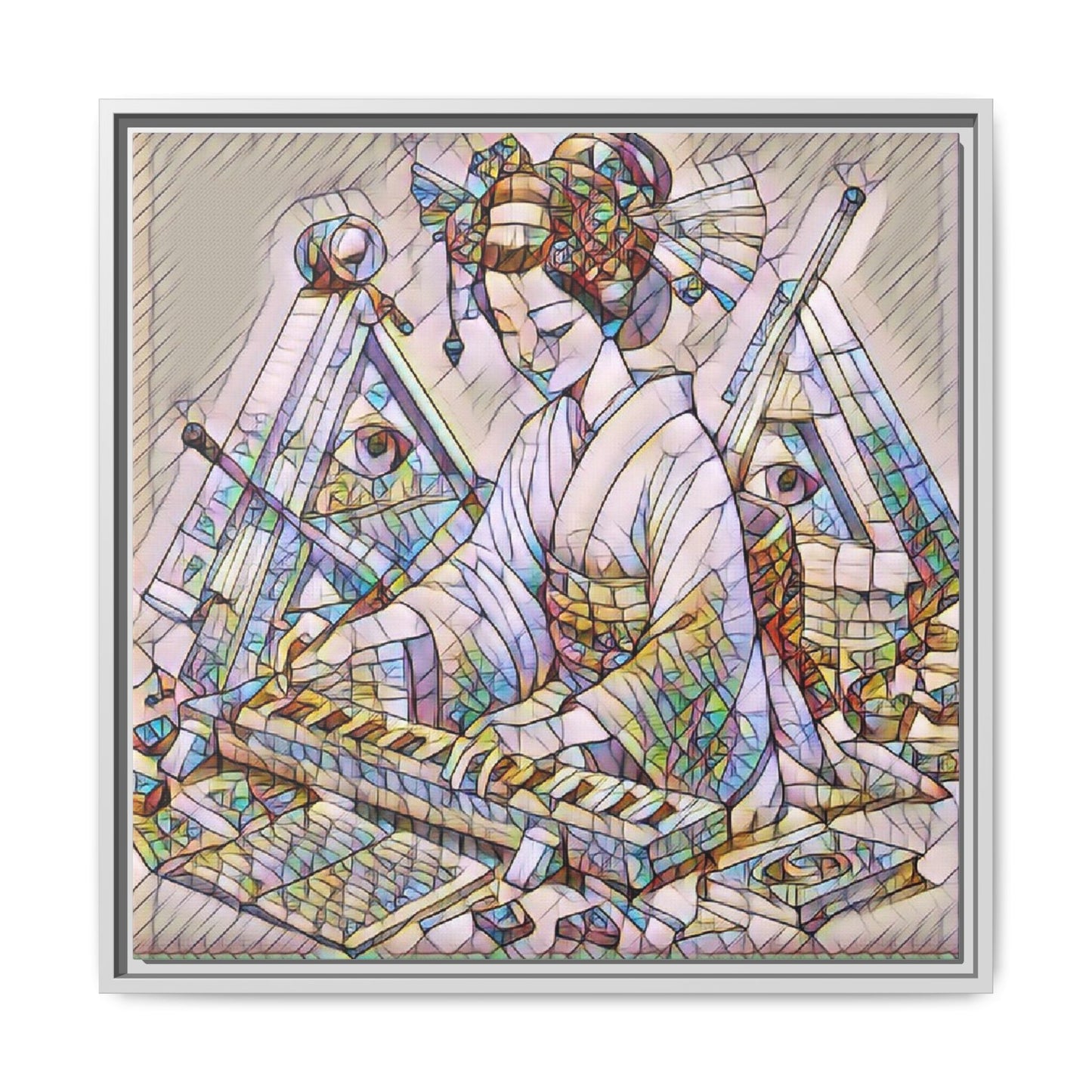 Framed Matte Canvas: Stained-Glass Geisha Wall Art