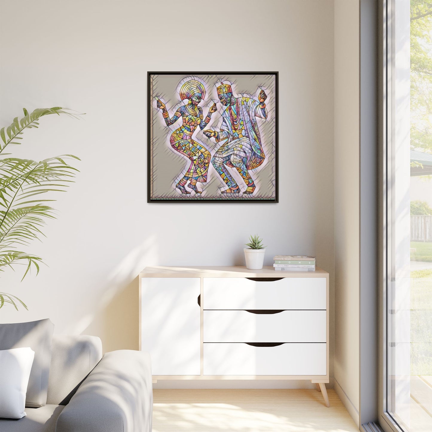 Afrobeat Dancers Framed Canvas Art — Colorful Mosaic African Dance Print