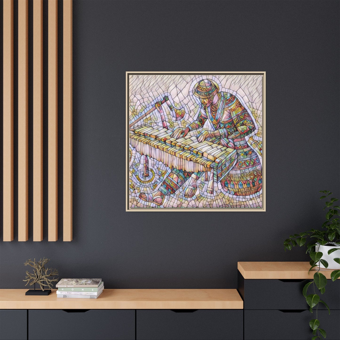 Framed Canvas Art - Colorful Mosaic Vibraphone Musician Print
