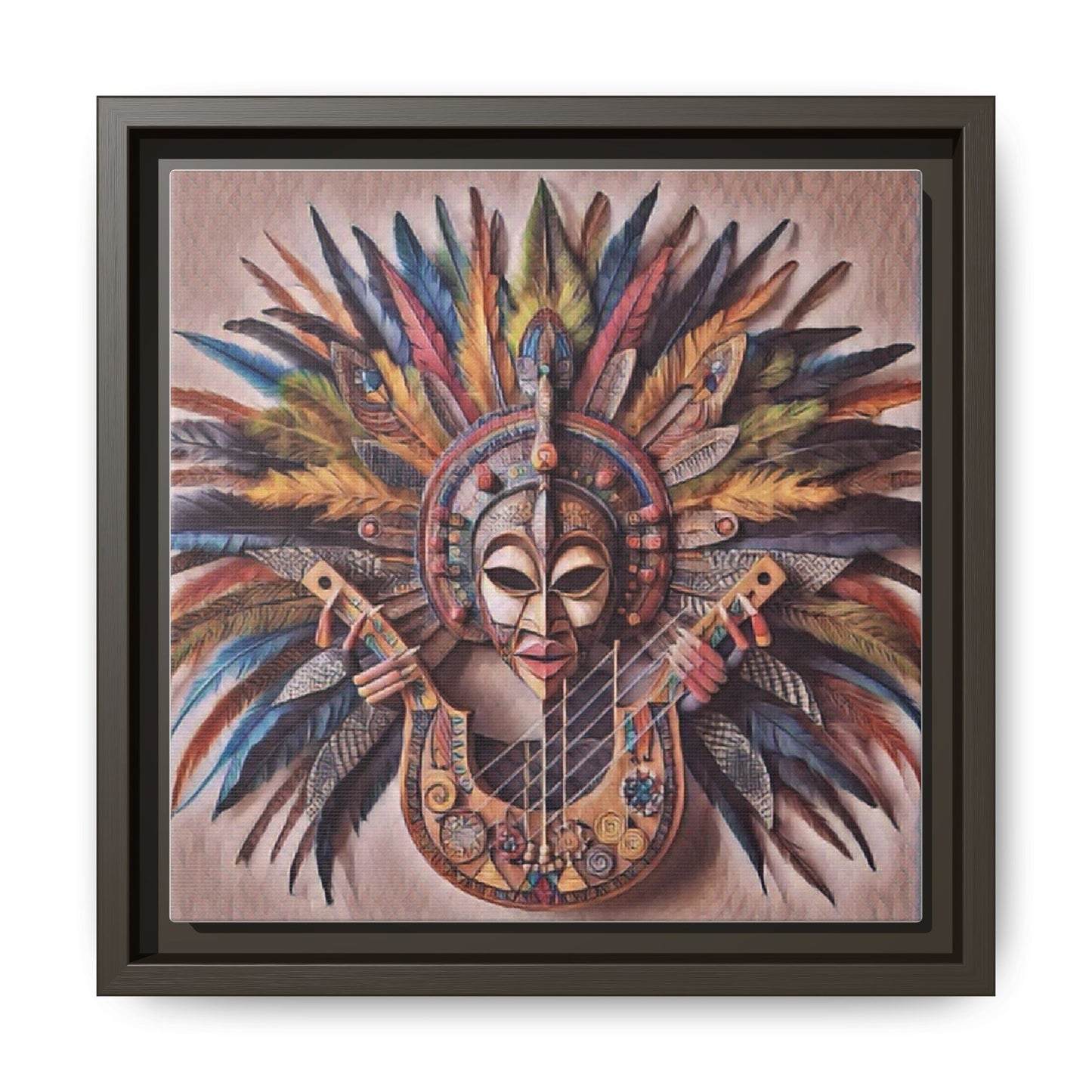 Tribal Feather Mask Guitar Framed Canvas Art — Colorful Boho Wall Decor