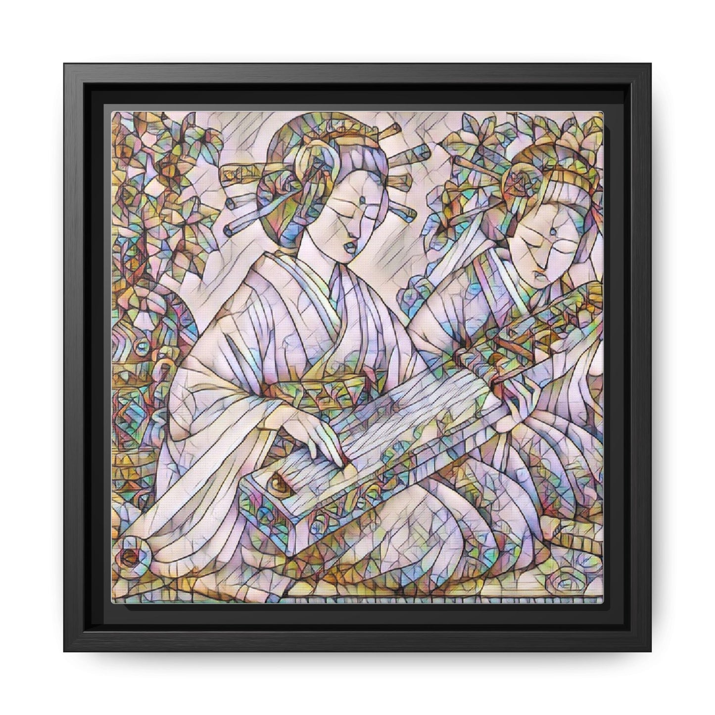 Framed Matte Canvas Print — Stained-Glass Geisha Duo