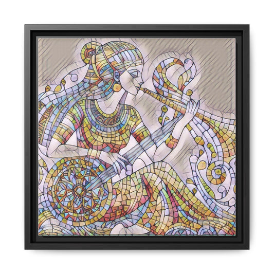 Egyptian Goddess Mosaic Framed Canvas Art — Colorful Vintage Lyre Player Wall Decor