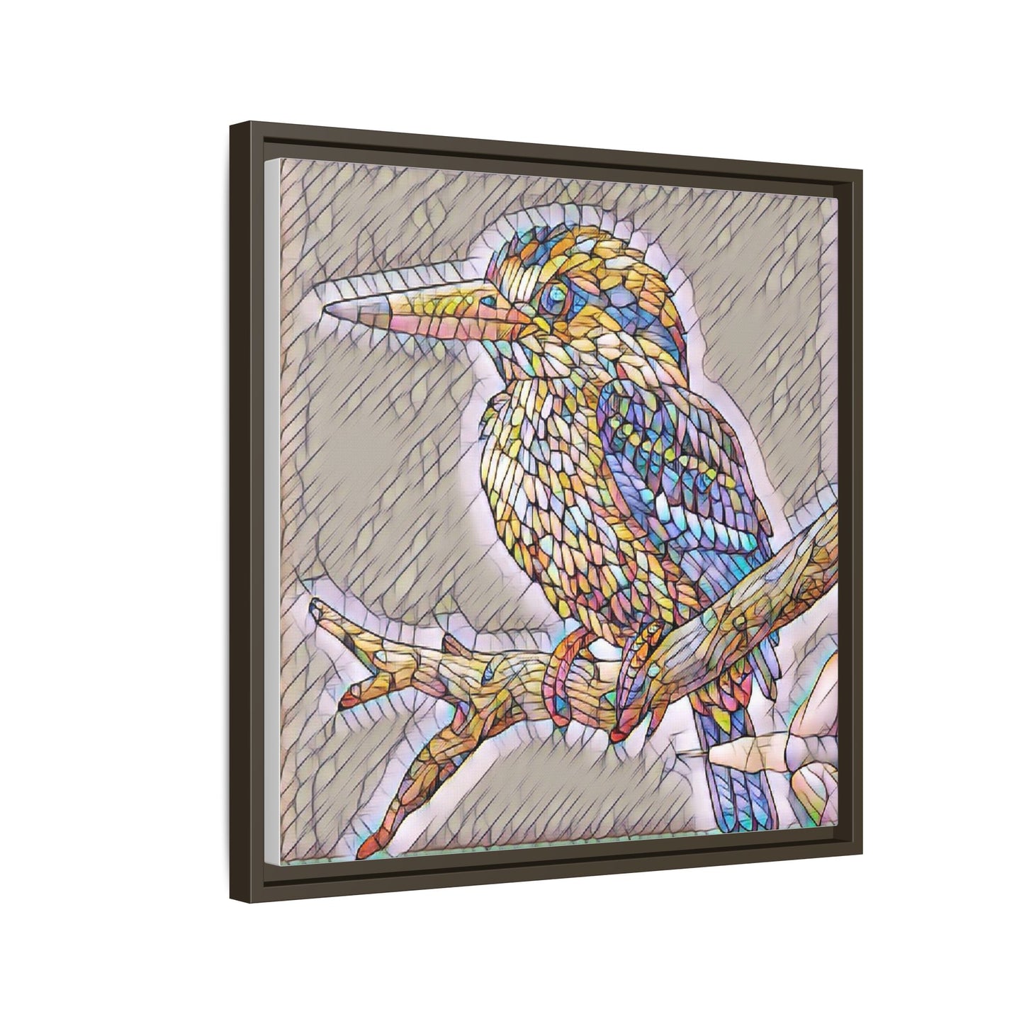 Colorful Kingfisher Framed Canvas Wall Art — Stained-Glass Style Bird Print