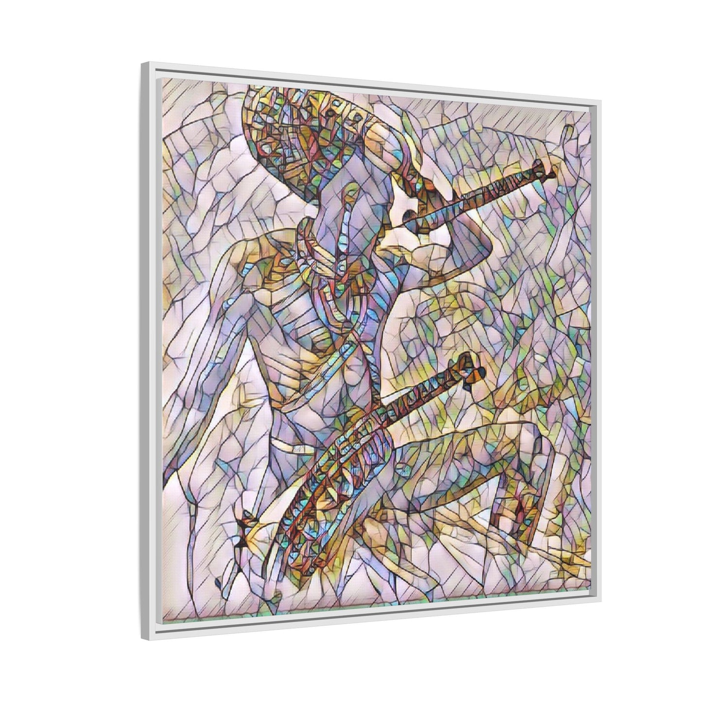 Stained Glass Blue Musician — Framed Matte Canvas Art