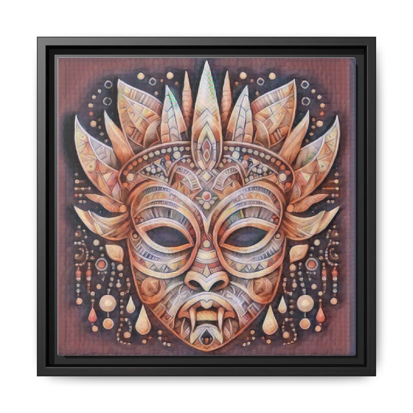 Tribal Sun Mask Framed Canvas Art — Boho Ethnic Wall Decor