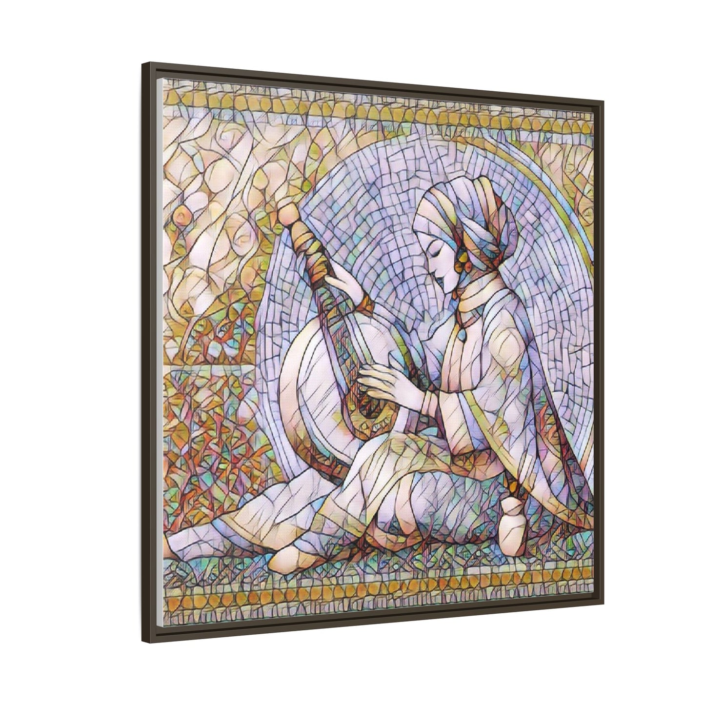 Framed Matte Canvas: Mosaic Lute Player Wall Art — Bohemian Musical Portrait