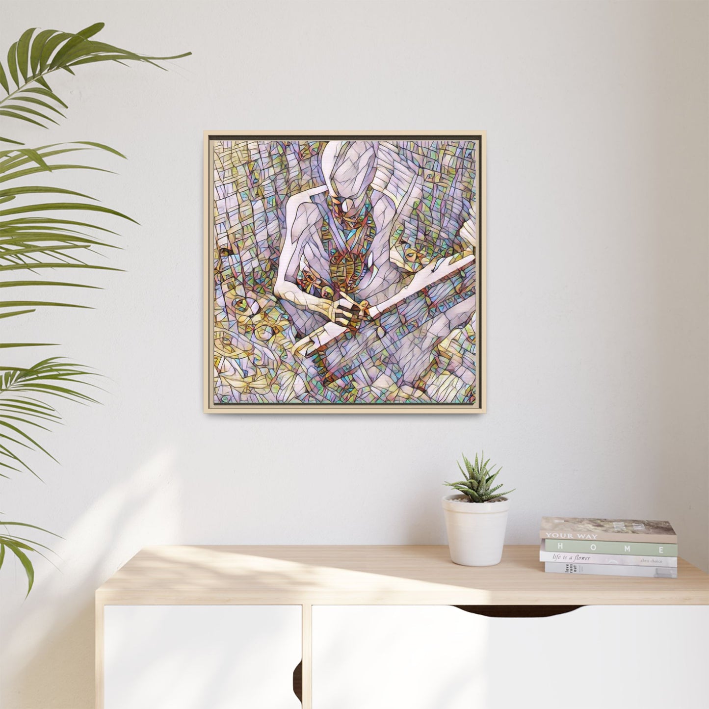 Abstract Fantasy Warrior Matte Framed Canvas — Colorful Stained-Glass Style Art