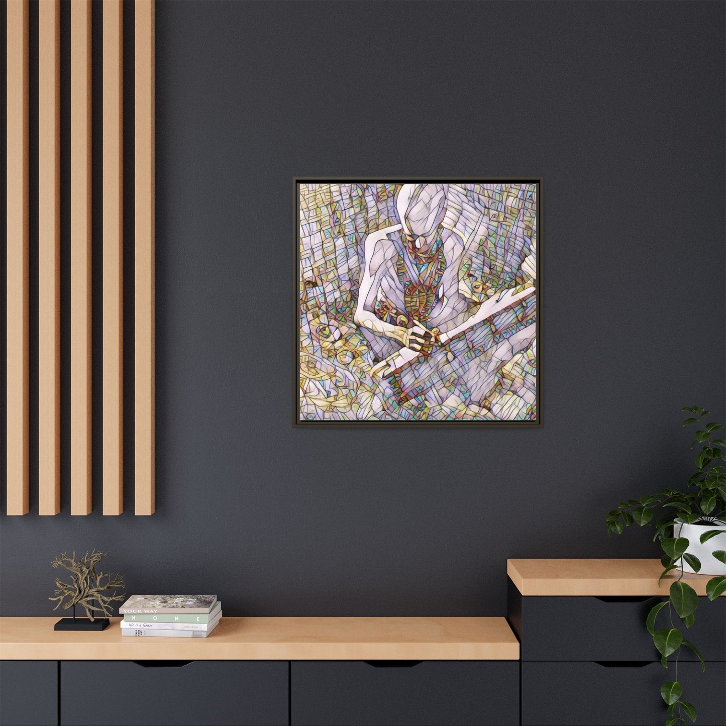 Abstract Fantasy Warrior Matte Framed Canvas — Colorful Stained-Glass Style Art