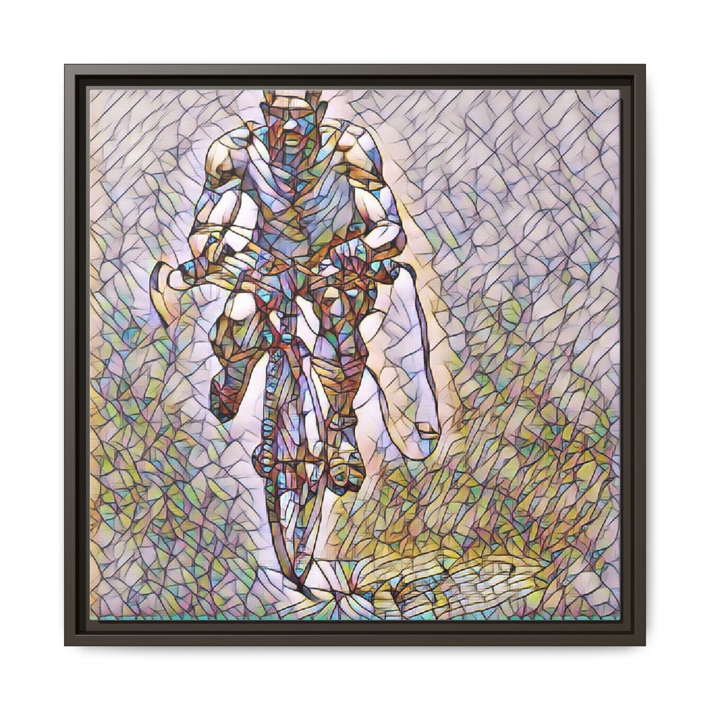 Cyclist Art Print — Framed Matte Canvas Wall Art (Multicolor Stained-Glass Style)