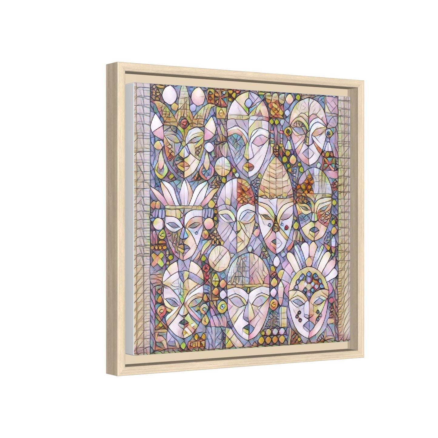 Framed Abstract Mask Art Canvas — Multicolor Stained-Glass Faces Wall Decor