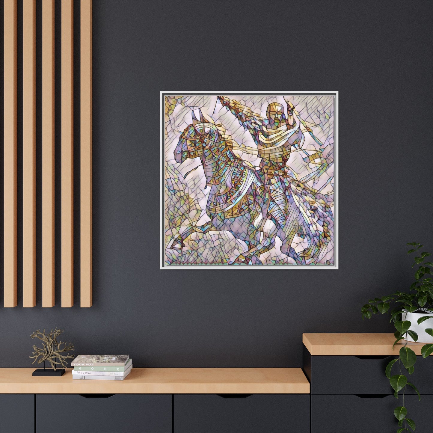 Framed Matte Canvas Print — Stained Glass Knight on Horse Artwork