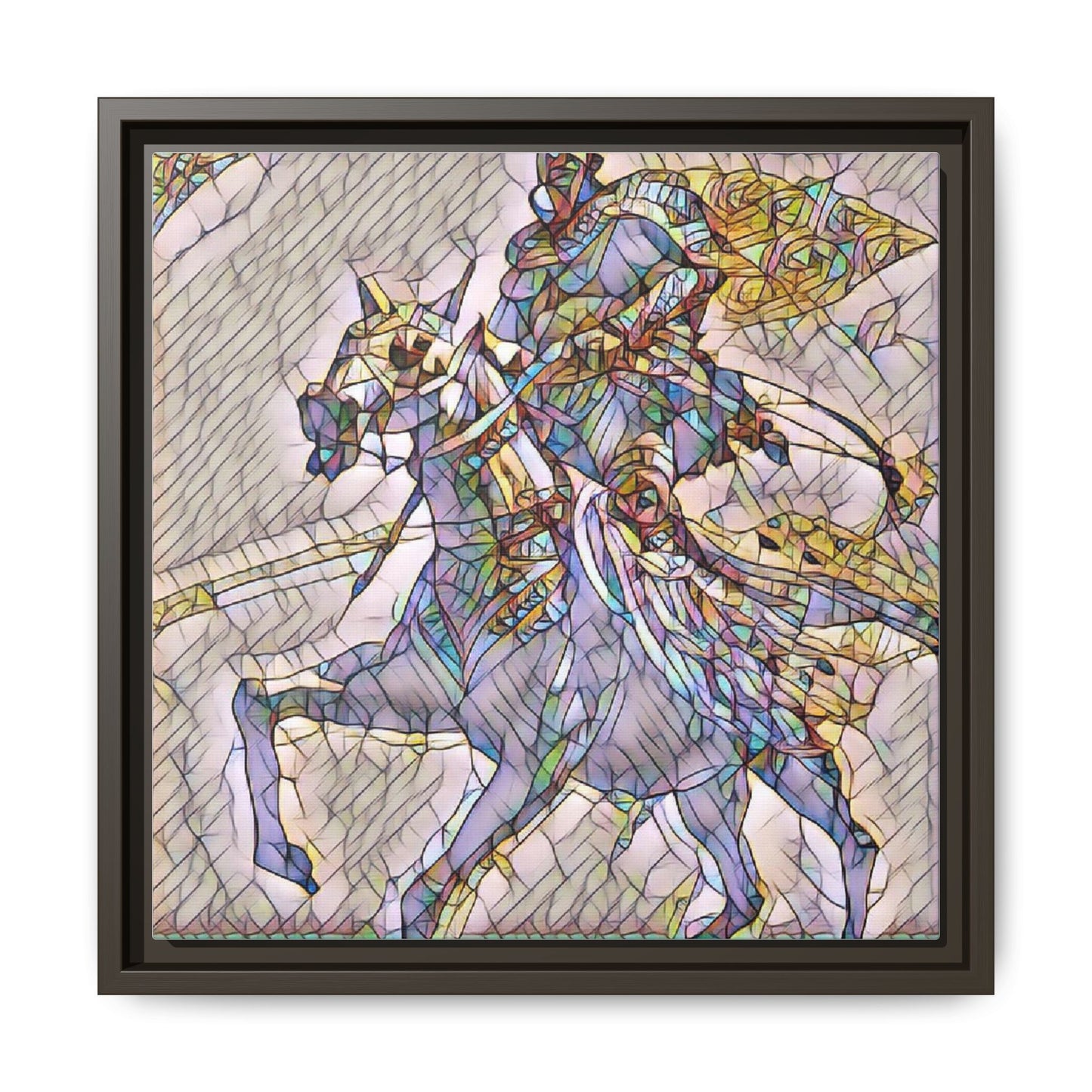 Framed Matte Canvas Art — Stained Glass Knight on Horse Fantasy Wall Decor