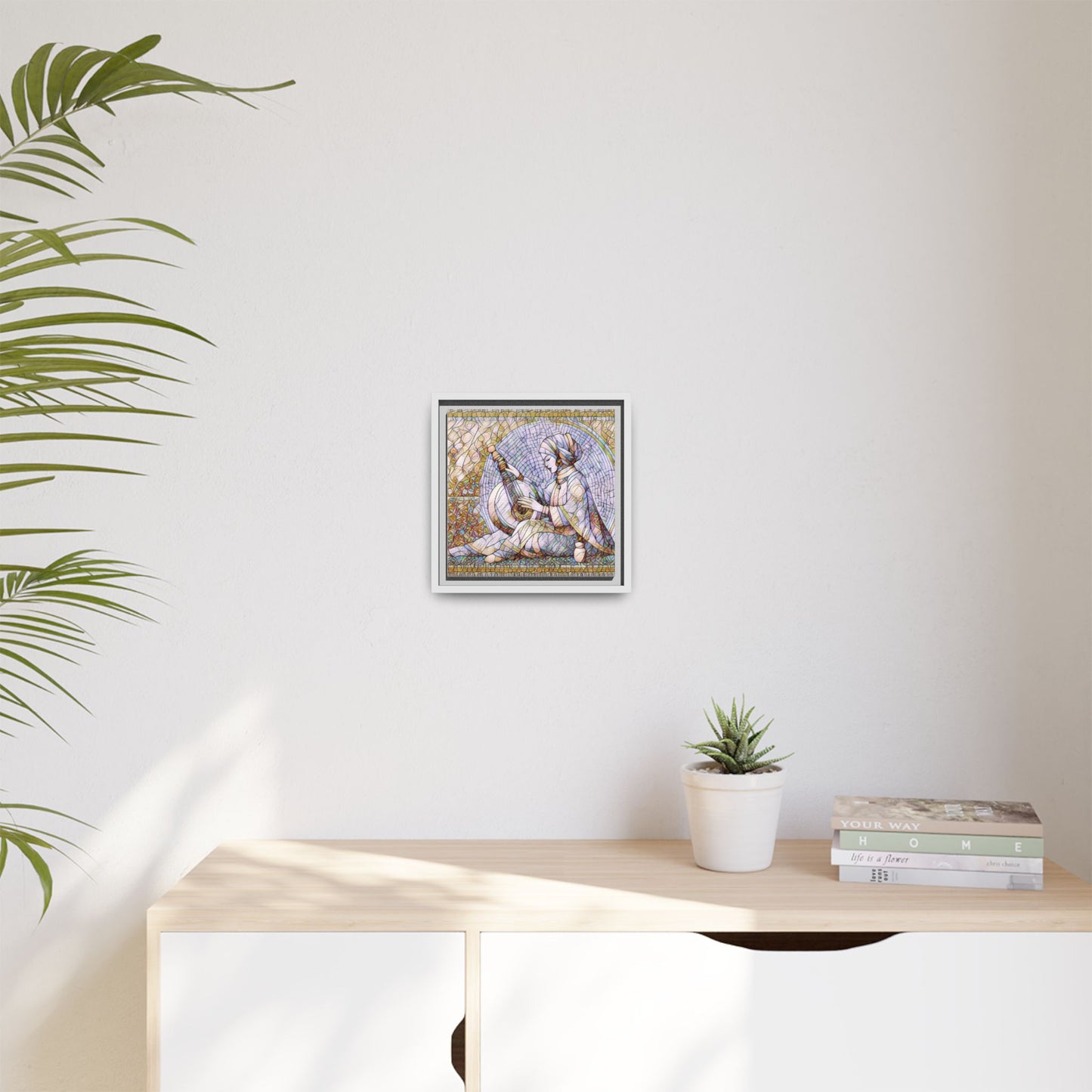 Framed Matte Canvas: Mosaic Lute Player Wall Art — Bohemian Musical Portrait