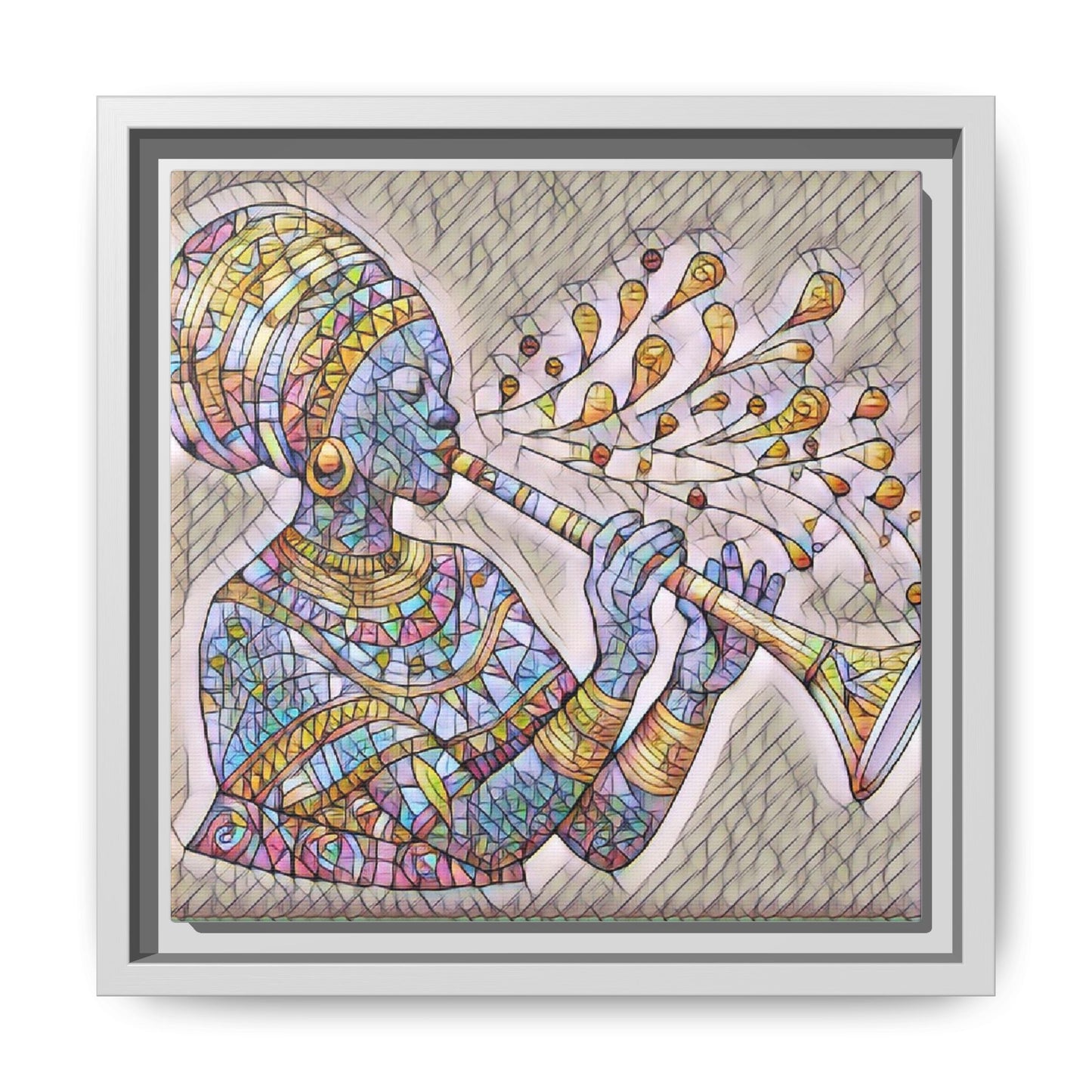 Framed Matte Canvas Art – Colorful African Musician Trumpet Print