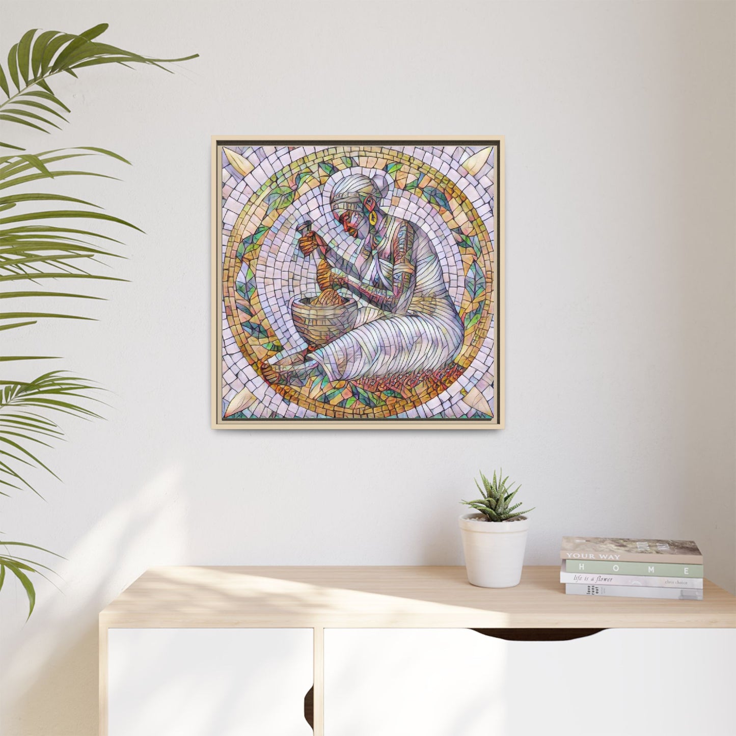 Framed Mosaic Art Print — Woman Grinding Grain (Matte Canvas)