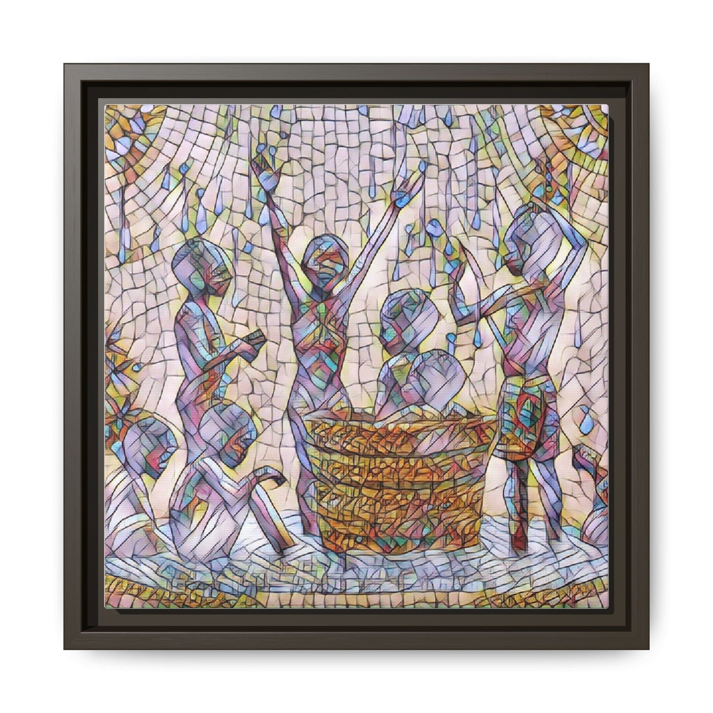 Framed Matte Canvas Art — Children Playing Mosaic Illustration