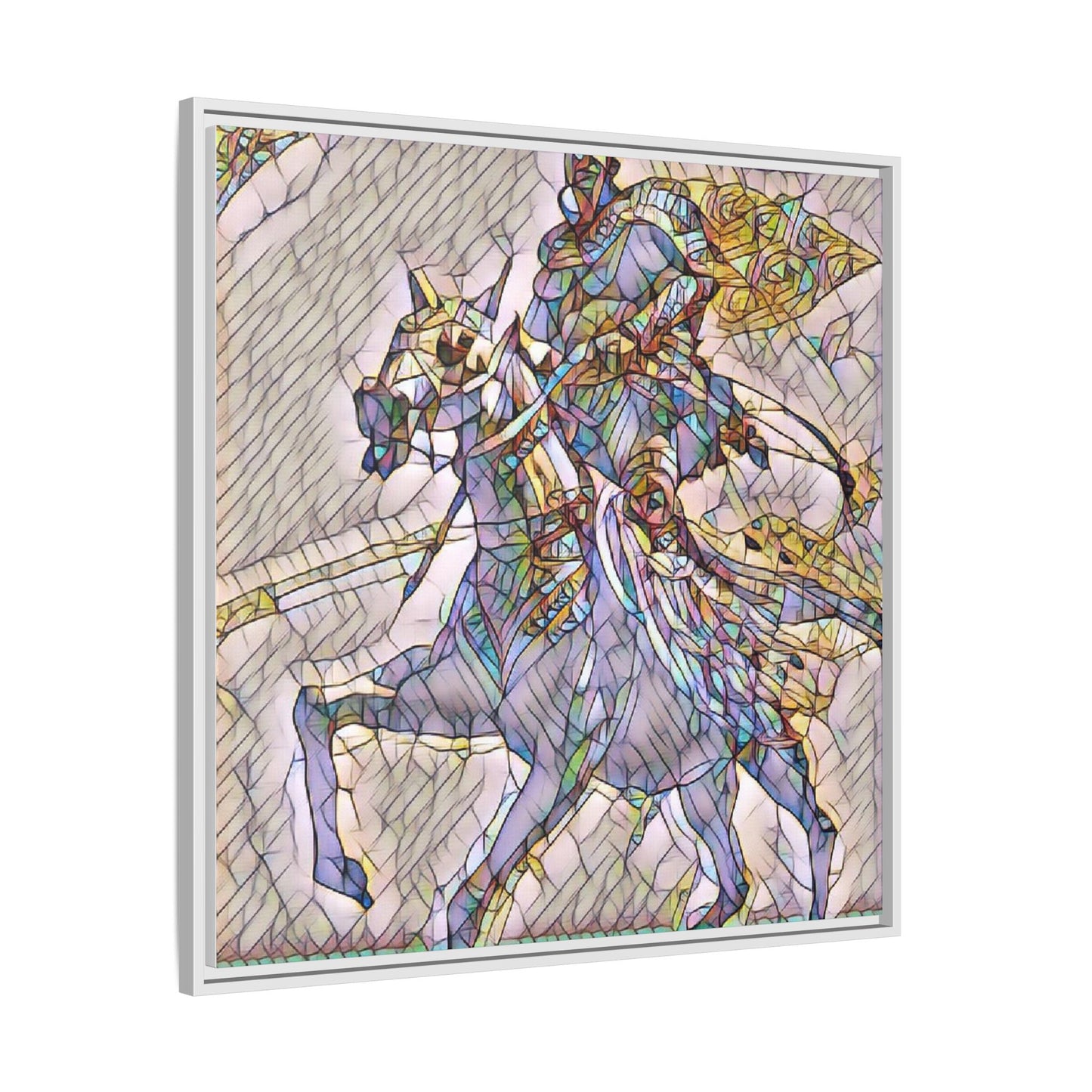 Framed Matte Canvas Art — Stained Glass Knight on Horse Fantasy Wall Decor