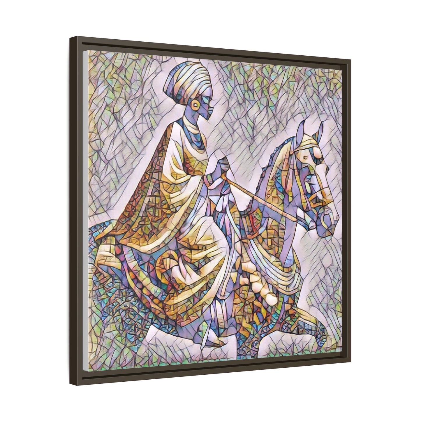 Mosaic Rider Framed Canvas Art — African Horsewoman Wall Decor