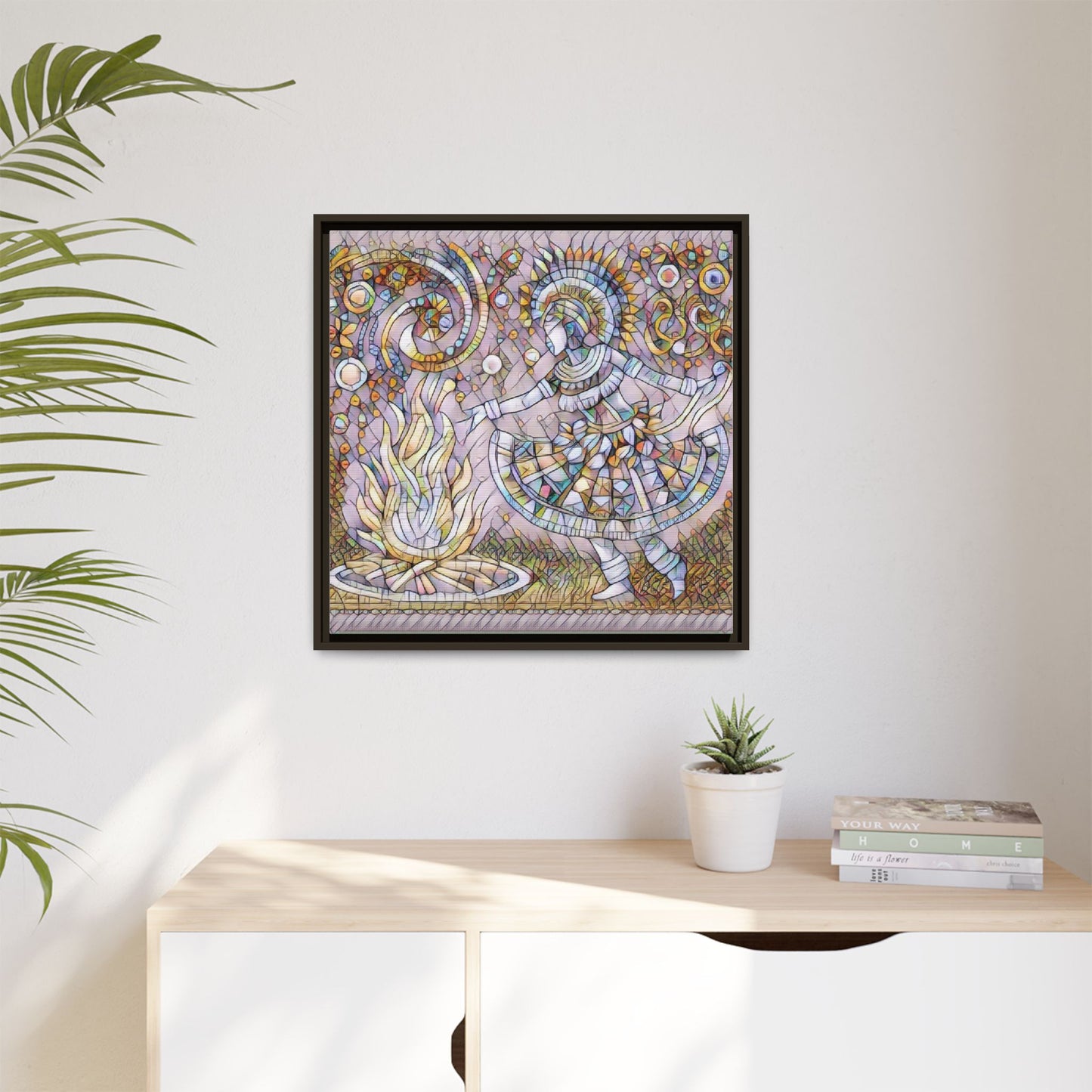 Bohemian Fire Dancer Framed Canvas Art — Colorful Folk Mosaic Wall Decor