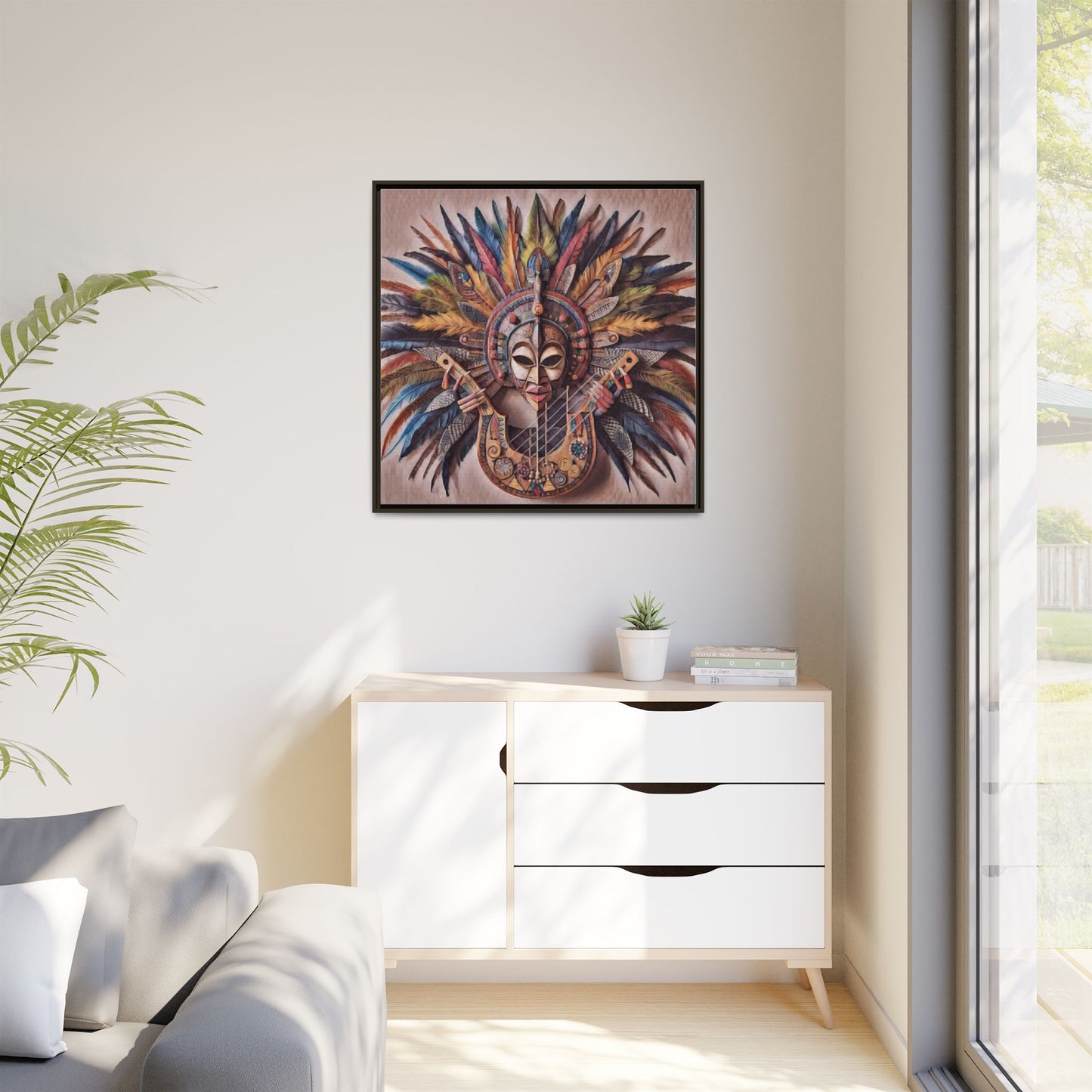 Tribal Feather Mask Guitar Framed Canvas Art — Colorful Boho Wall Decor