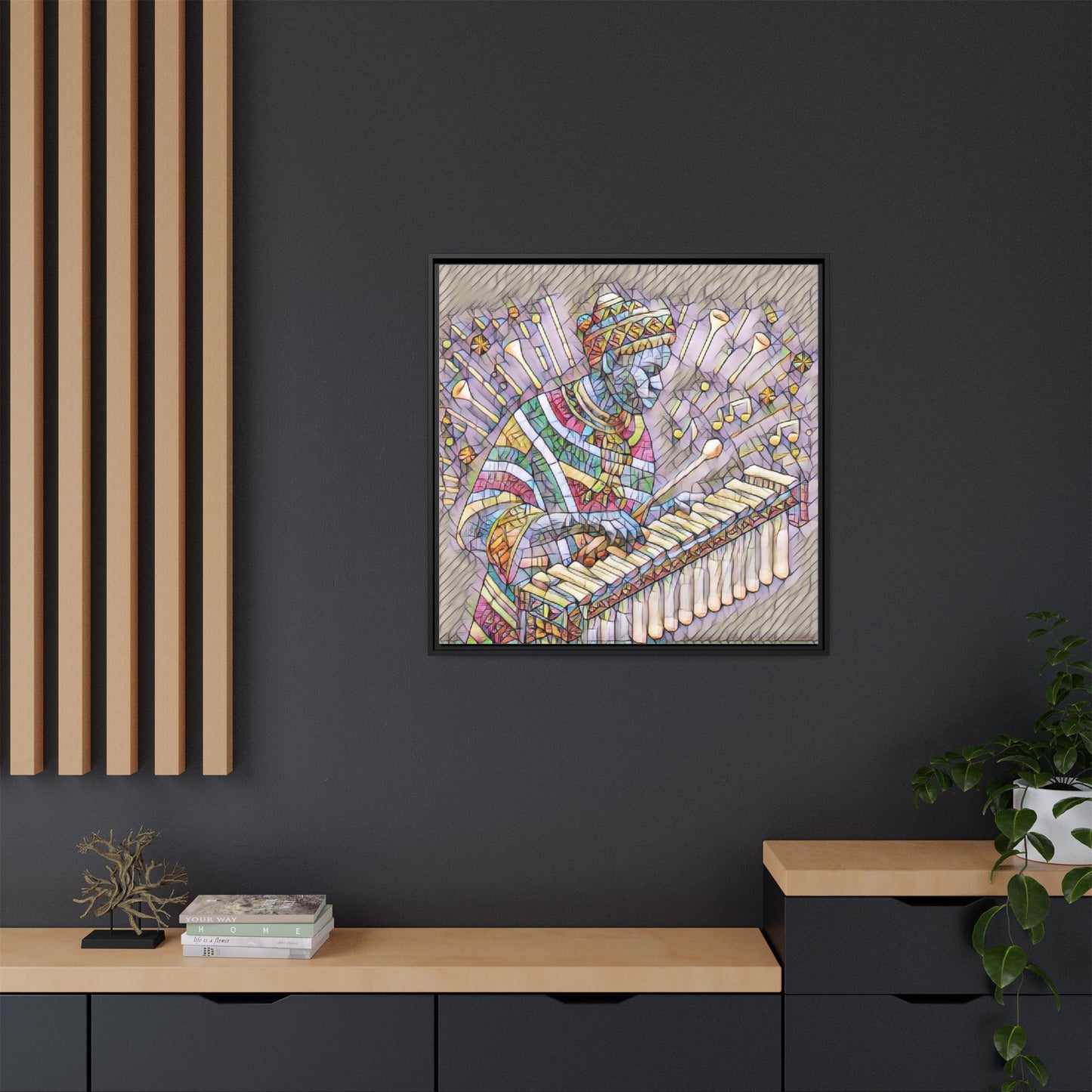Colorful Marimba Musician Matte Framed Canvas — Vibrant African Instrument Wall Art