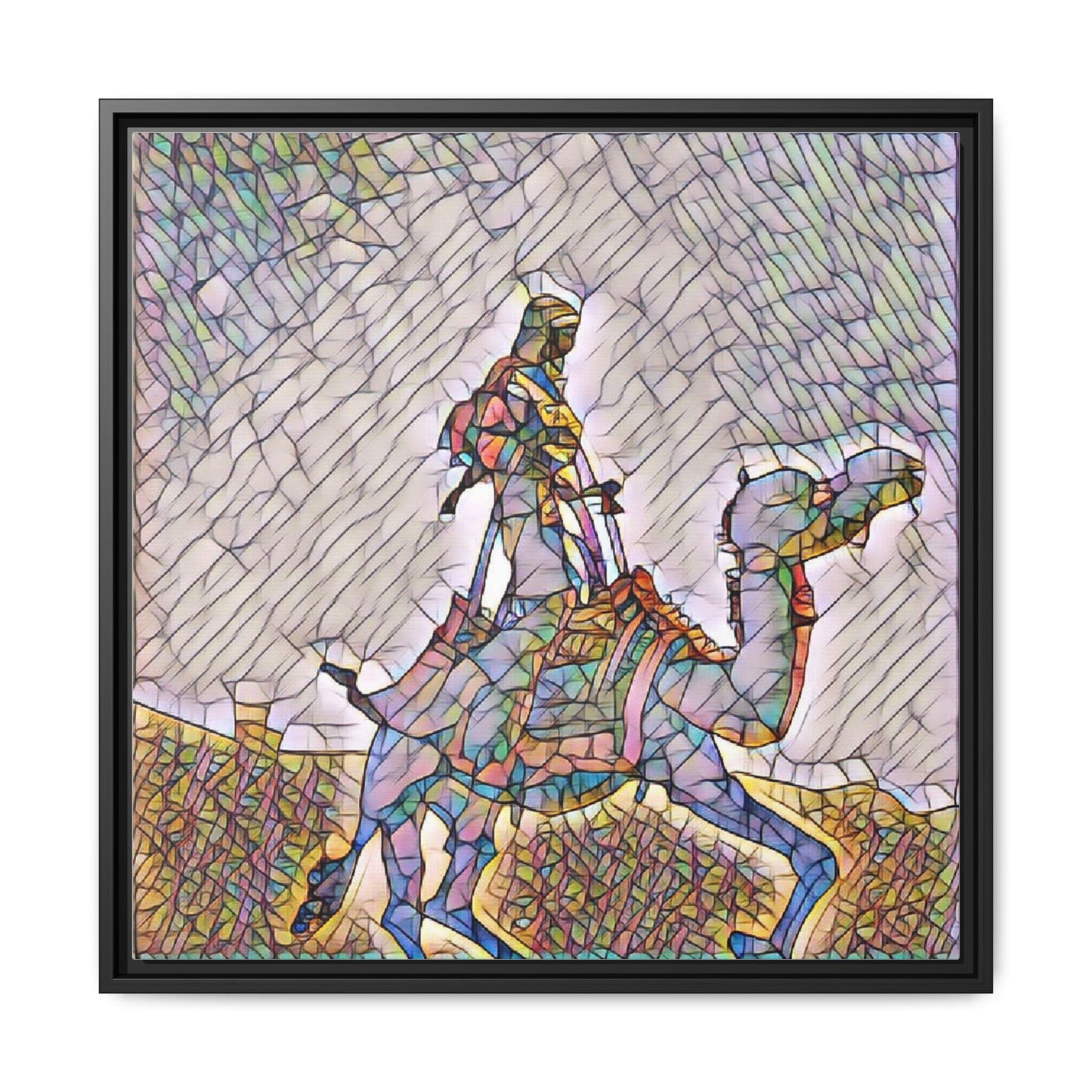 Framed Camel Rider Matte Canvas Art — Colorful Mosaic Desert Wall Decor