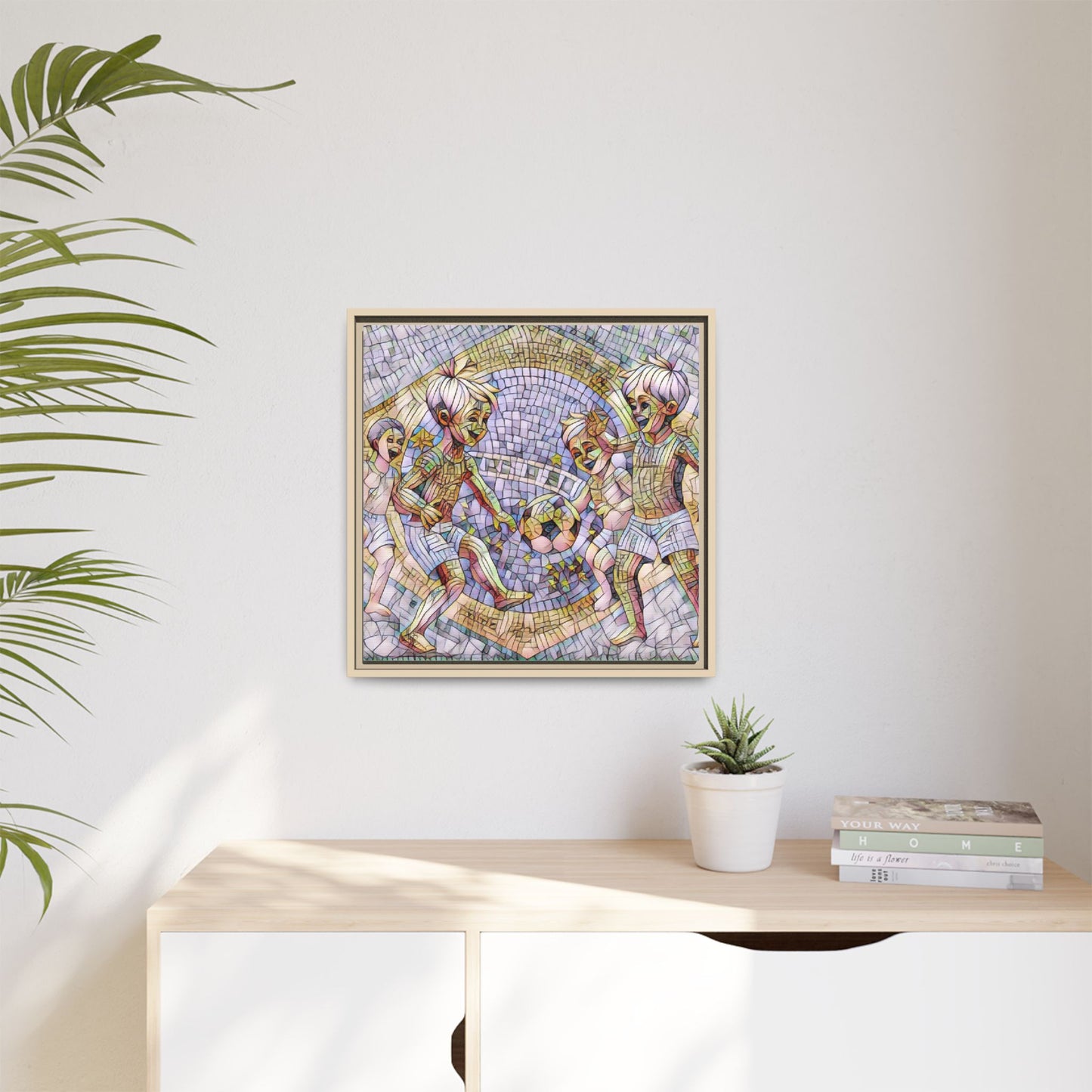 Framed Matte Canvas – Vintage Mosaic Kids Playing Soccer Art