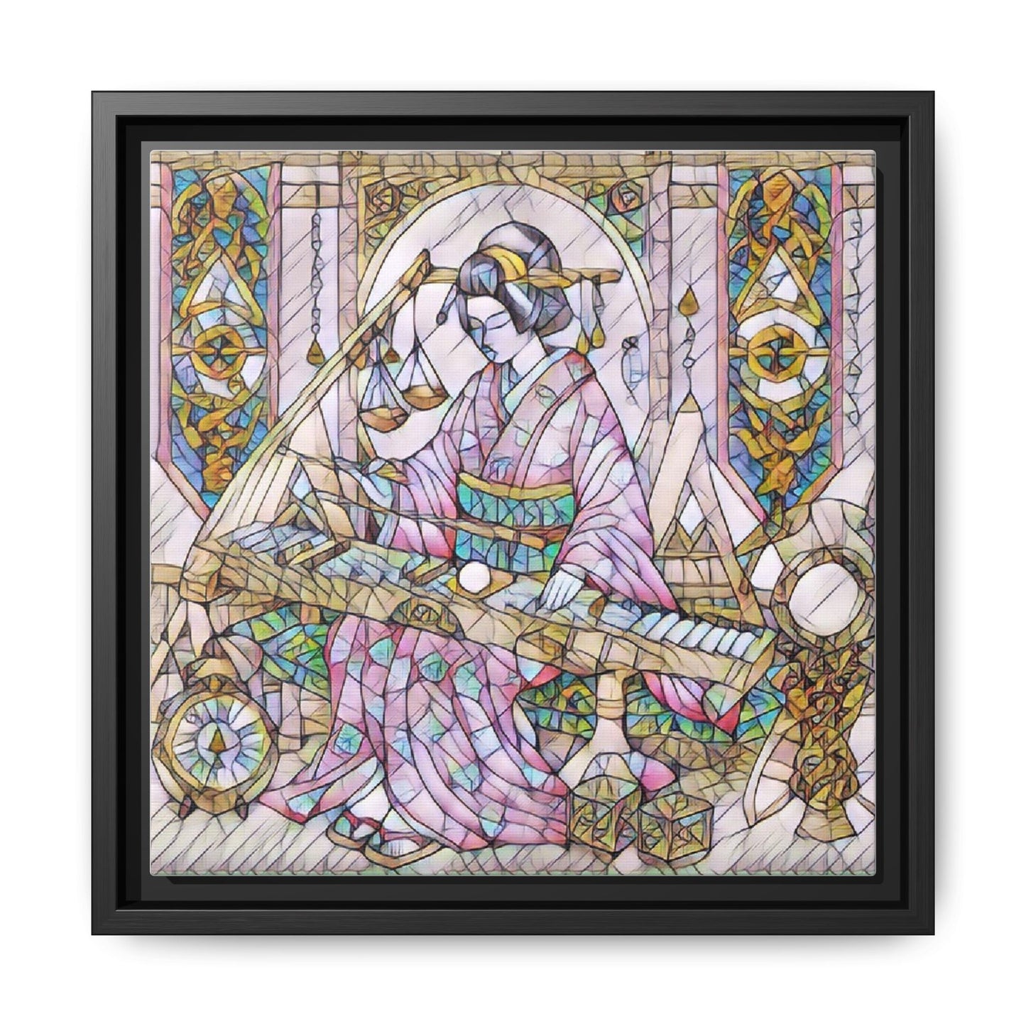Framed Matte Canvas — Geisha Harp Stained-Glass Art Print