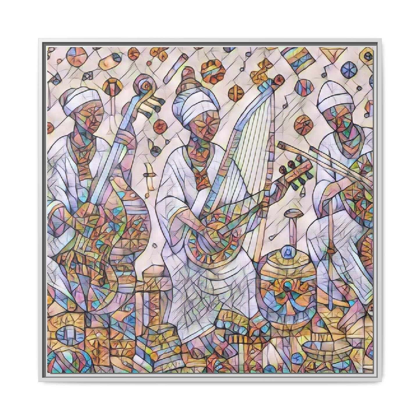 Framed Matte Canvas Print — Colorful African Musicians Stained-Glass Art