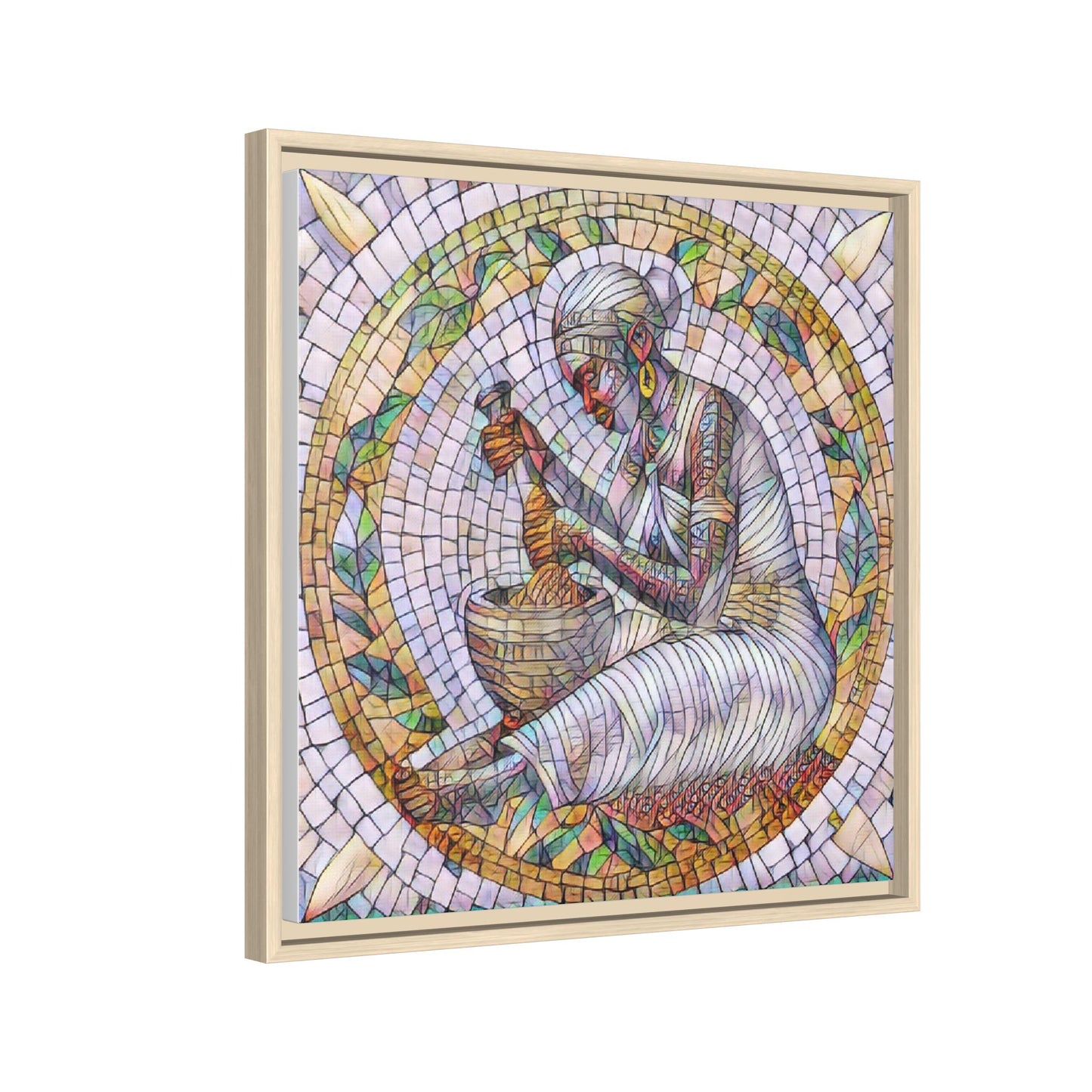 Framed Mosaic Art Print — Woman Grinding Grain (Matte Canvas)