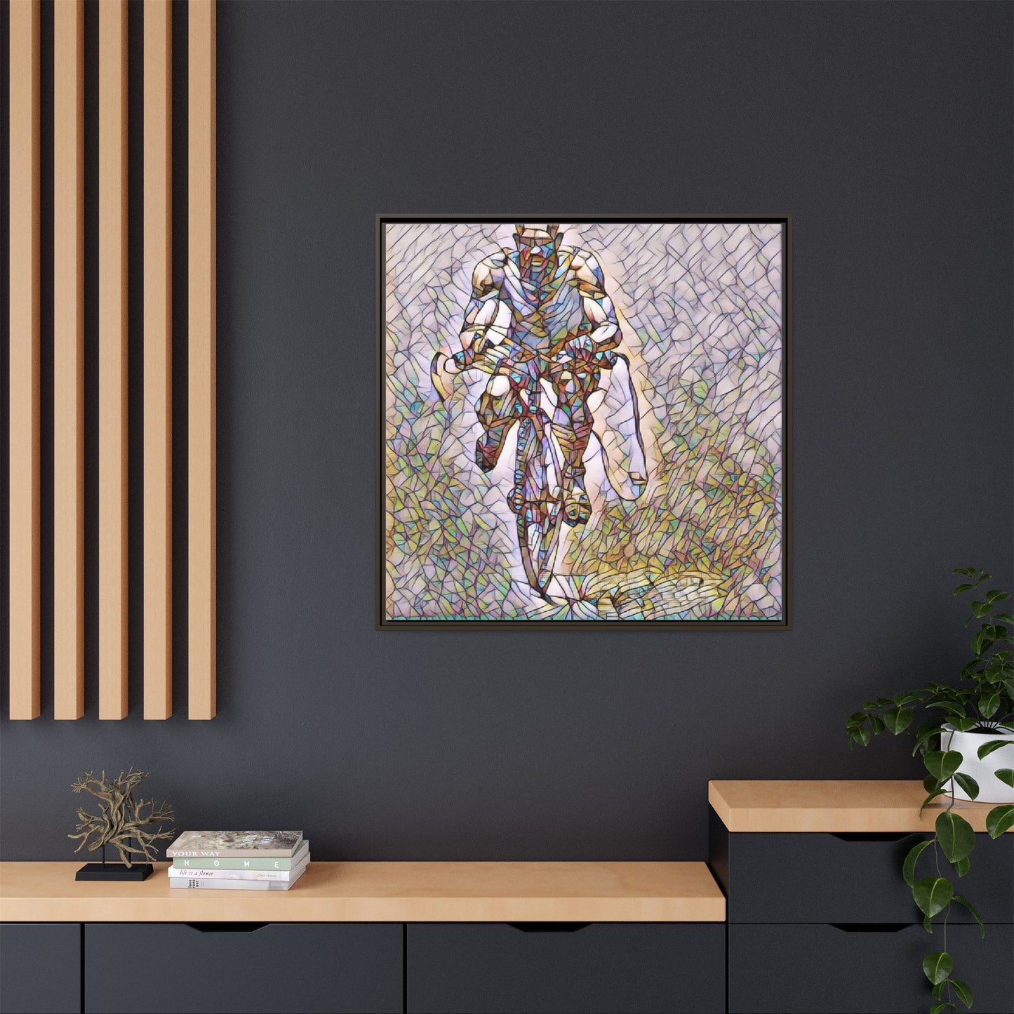 Cyclist Art Print — Framed Matte Canvas Wall Art (Multicolor Stained-Glass Style)