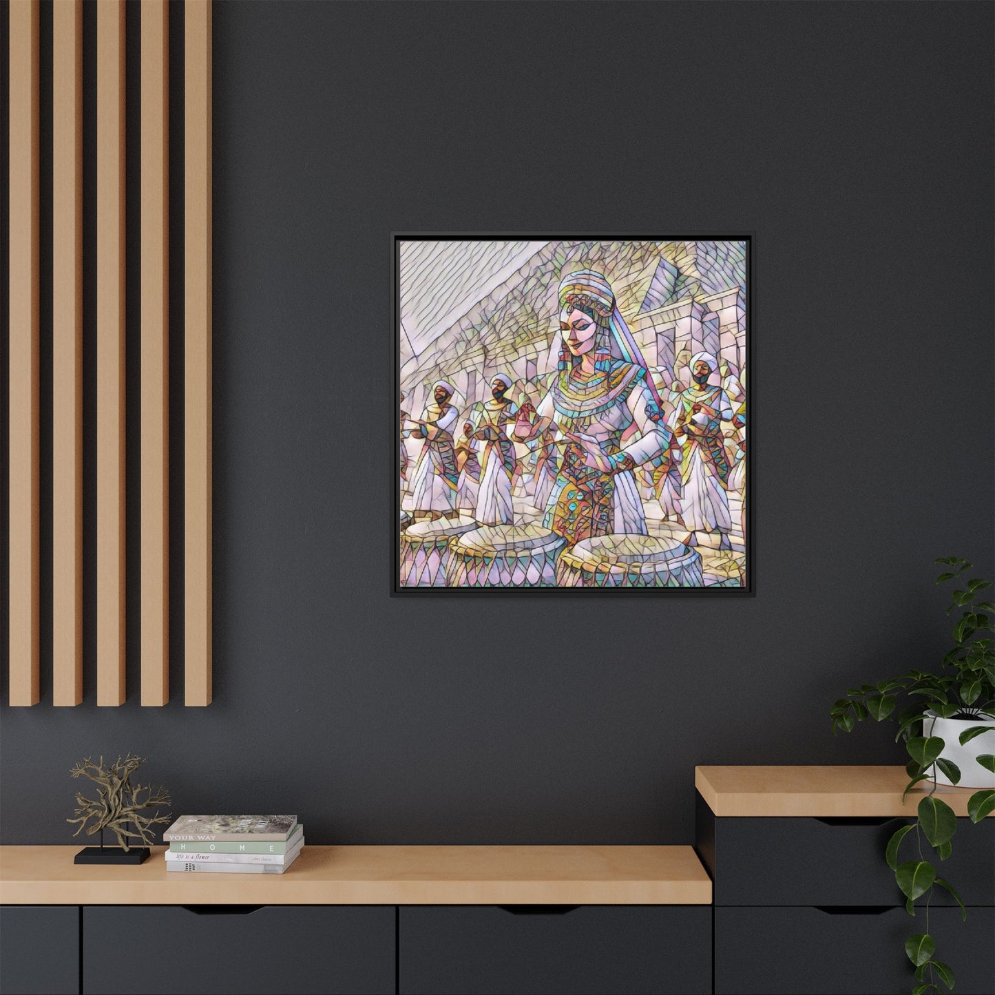 Egyptian Drummers Framed Canvas Art — Colorful Egyptian Dancer Wall Decor
