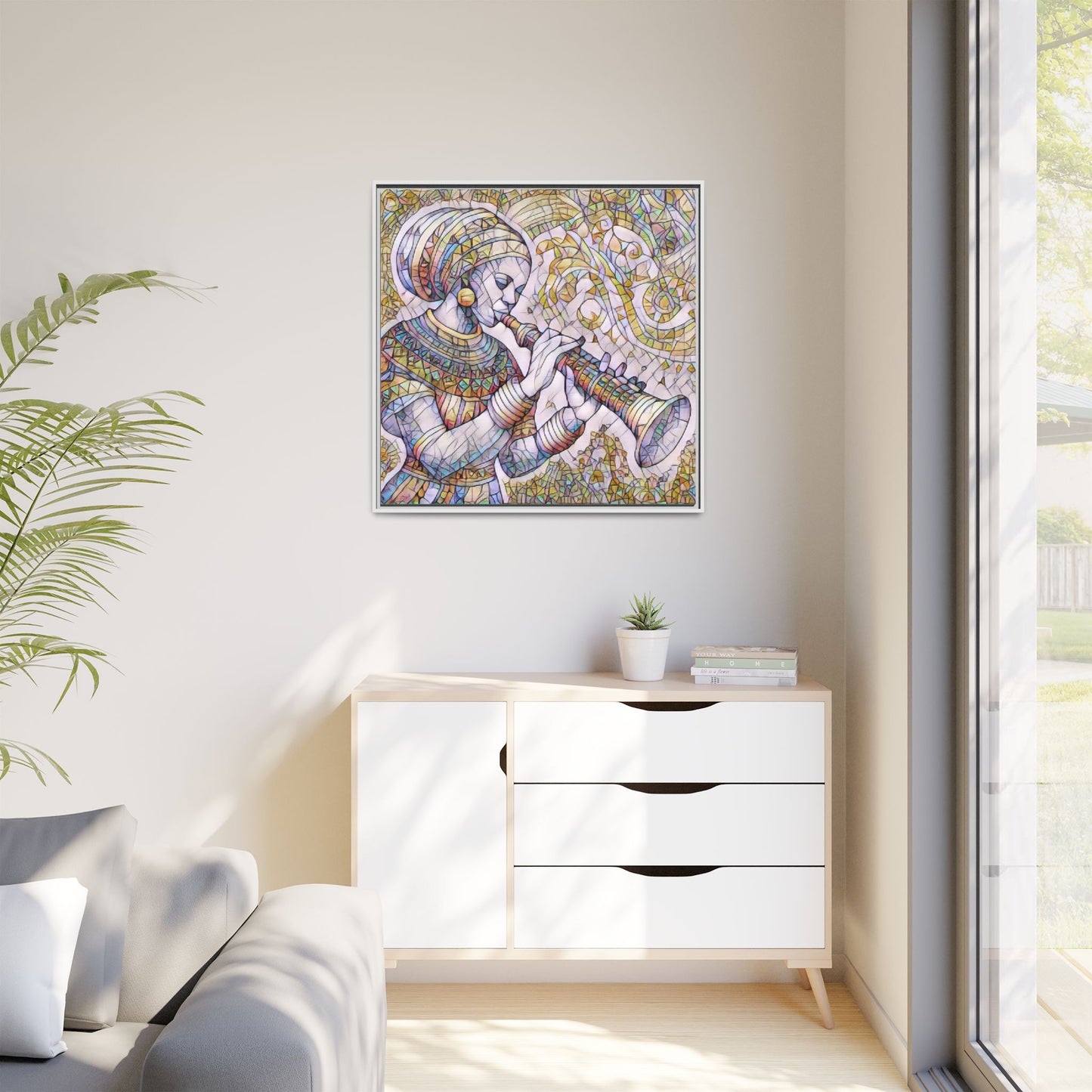 Egyptian Flutist Mosaic Matte Canvas Framed Art