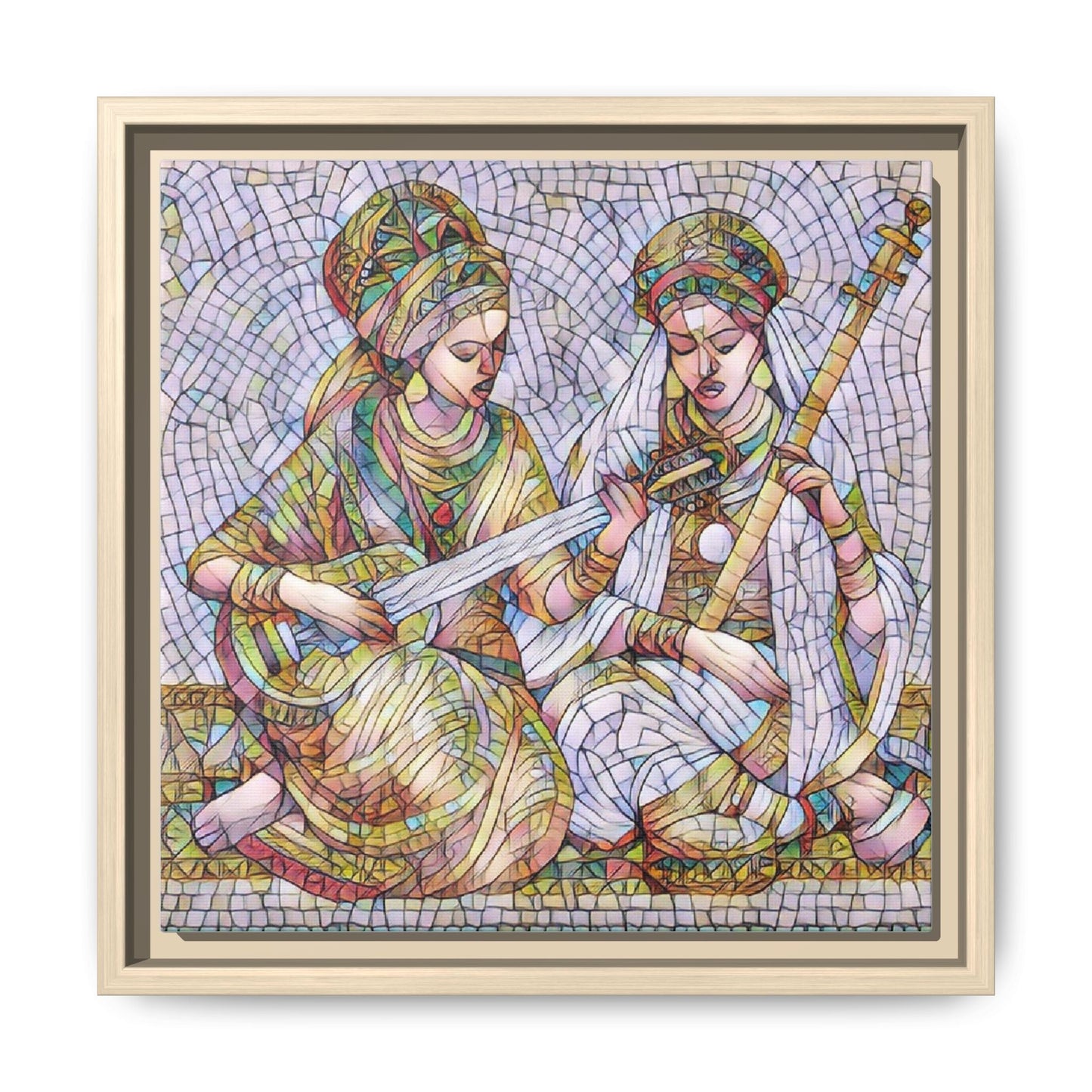 Framed Mosaic Art Print — Two Women Playing Lutes (Matte Canvas)