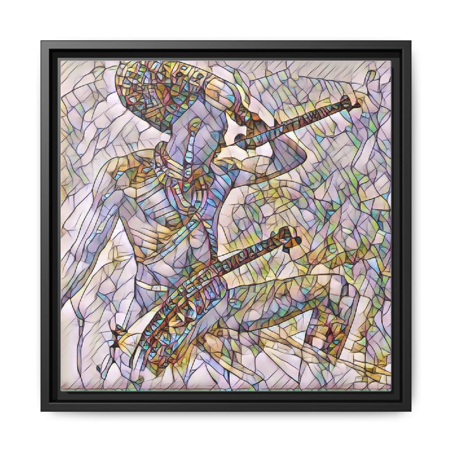 Stained Glass Blue Musician — Framed Matte Canvas Art