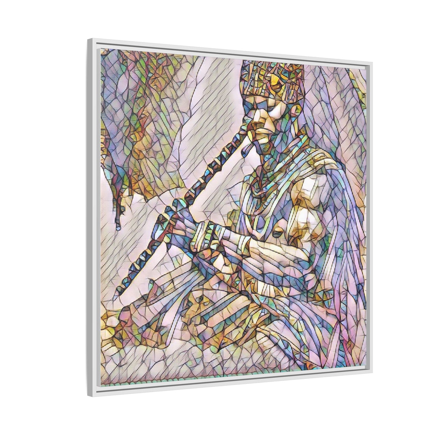 Tribal Flute Musician Stained-Glass Framed Canvas Art
