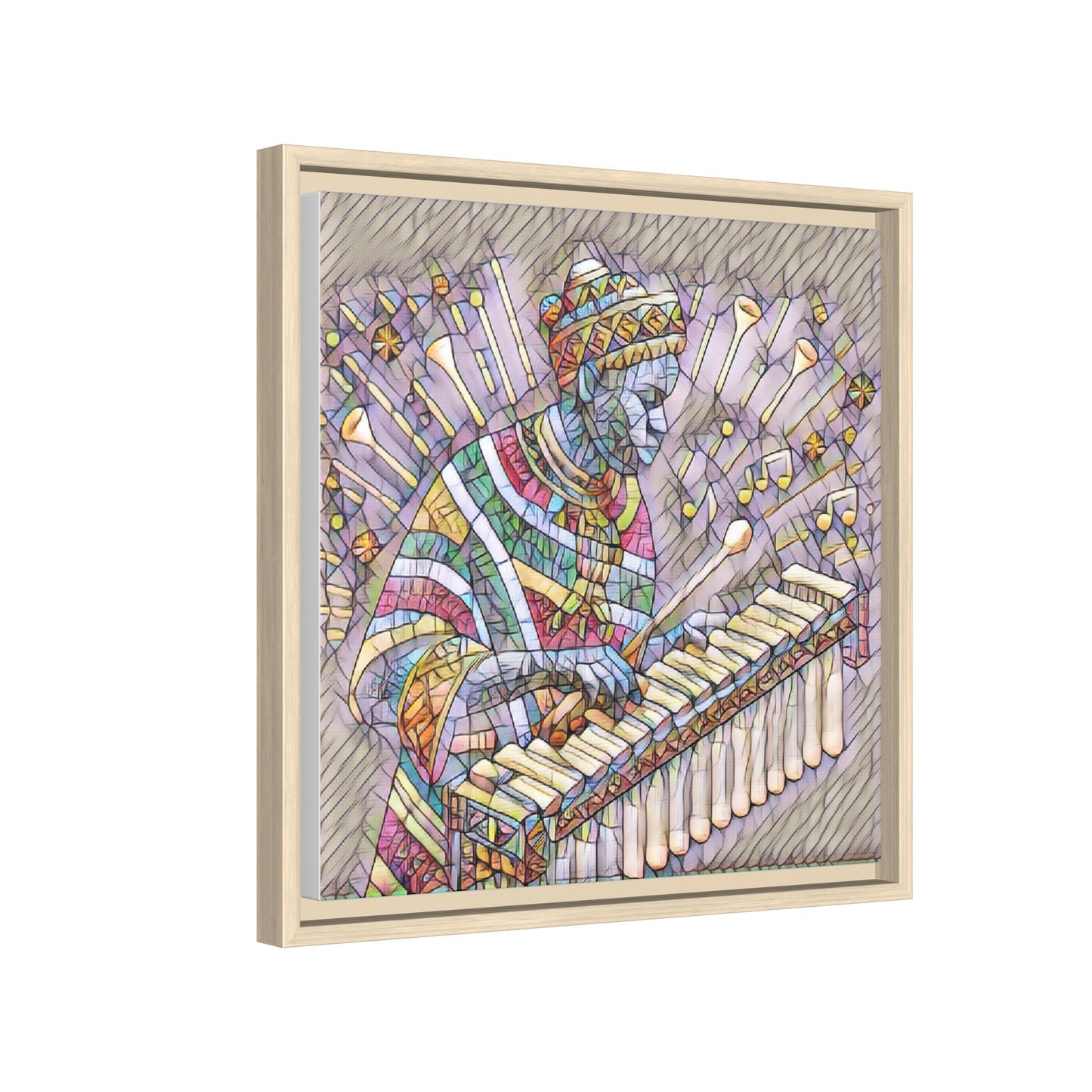 Colorful Marimba Musician Matte Framed Canvas — Vibrant African Instrument Wall Art