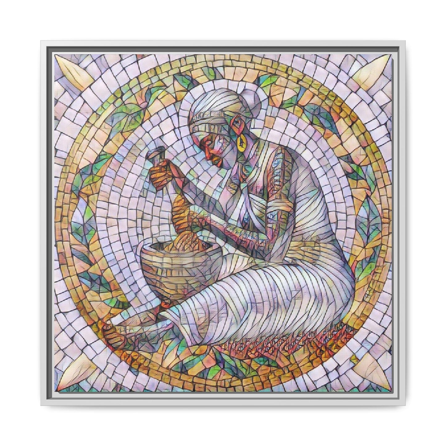 Framed Mosaic Art Print — Woman Grinding Grain (Matte Canvas)