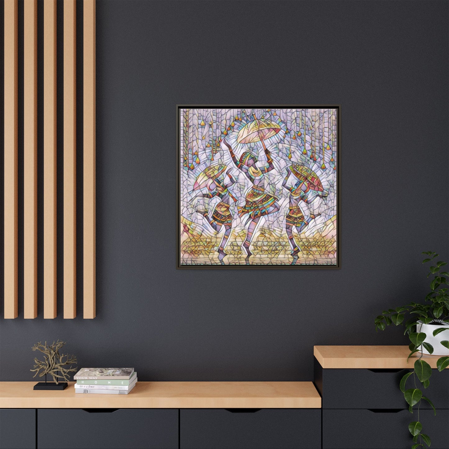 Colorful African Dance Framed Canvas Art — Umbrella Dancers Wall Decor