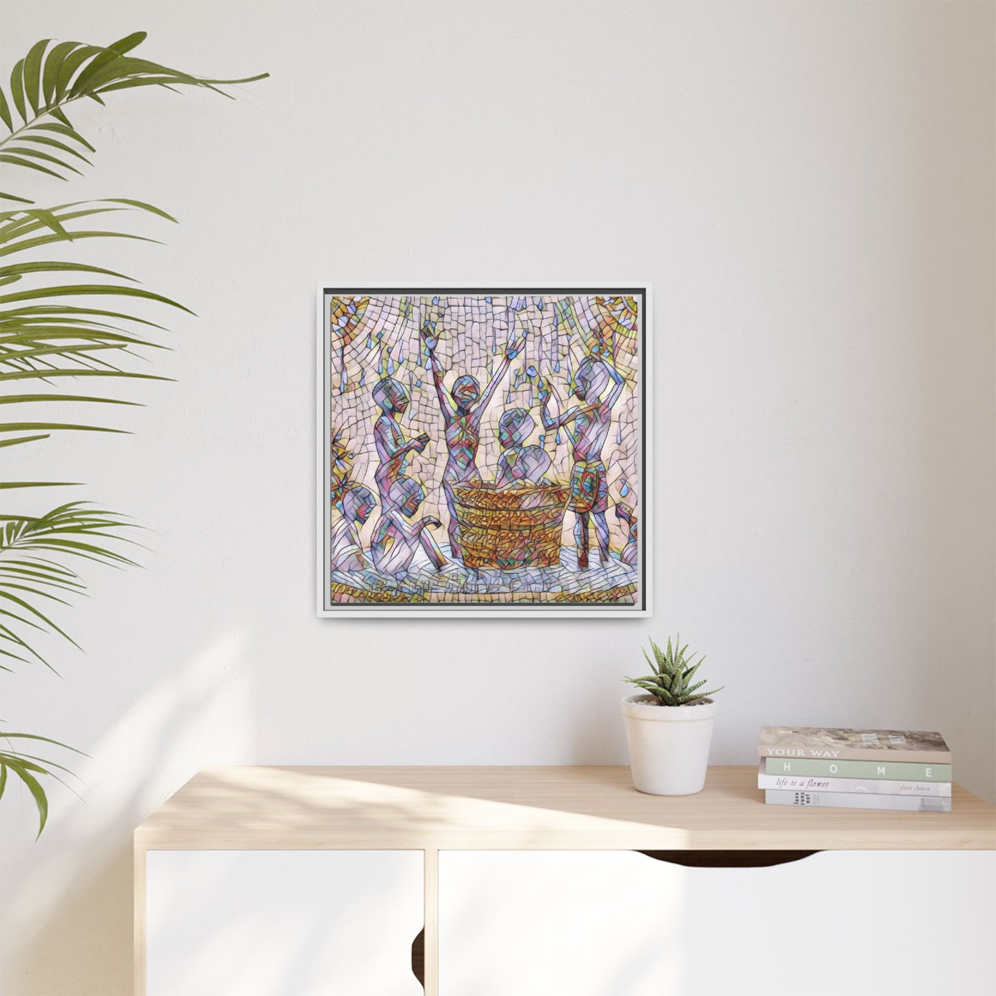 Framed Matte Canvas Art — Children Playing Mosaic Illustration