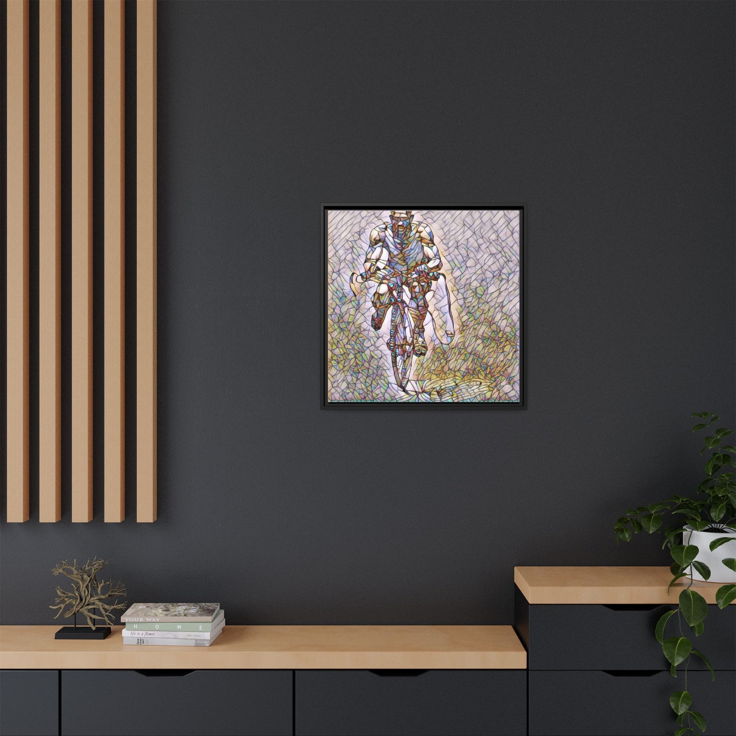Cyclist Art Print — Framed Matte Canvas Wall Art (Multicolor Stained-Glass Style)