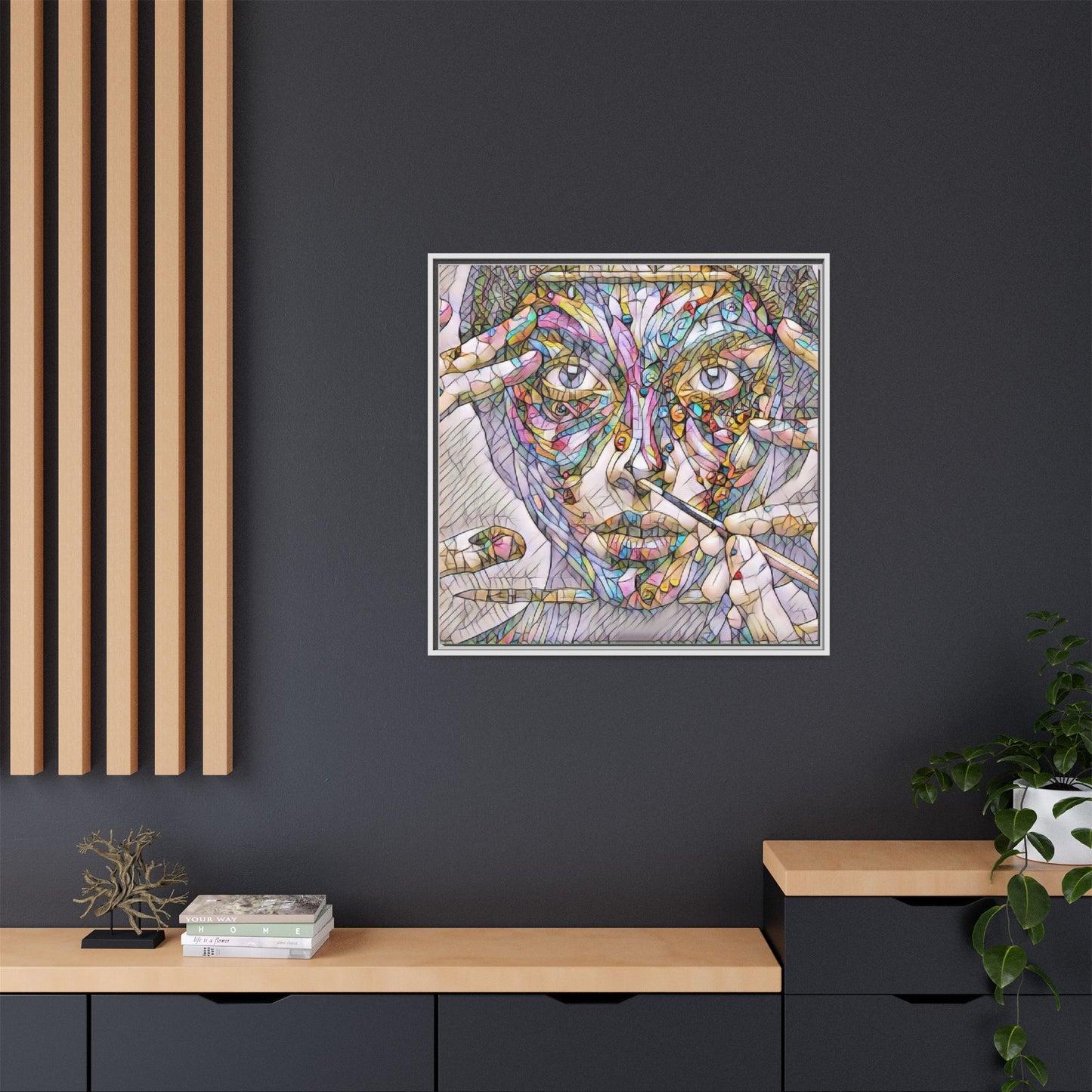 Framed Abstract Mosaic Face Canvas — Colorful Modern Wall Art