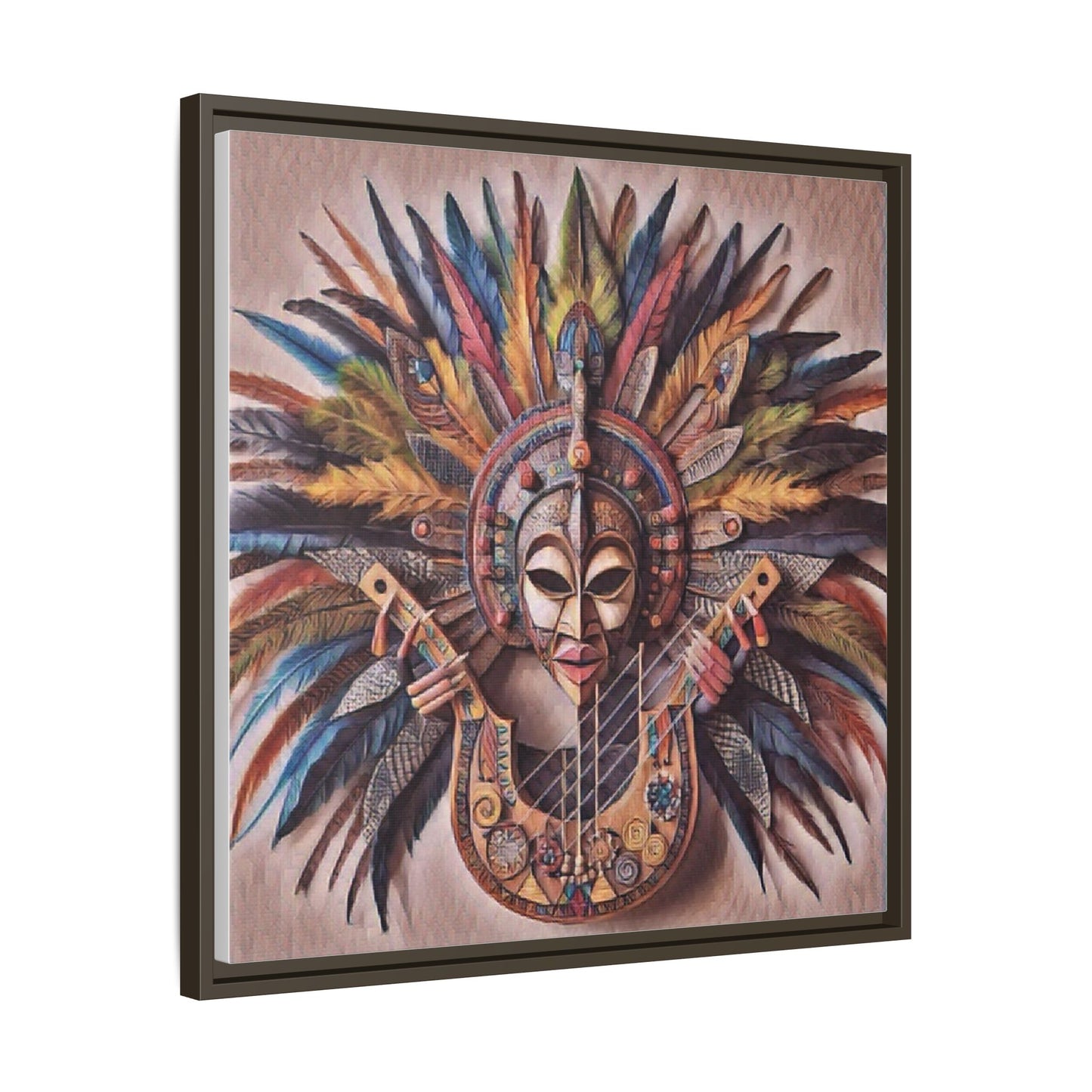 Tribal Feather Mask Guitar Framed Canvas Art — Colorful Boho Wall Decor