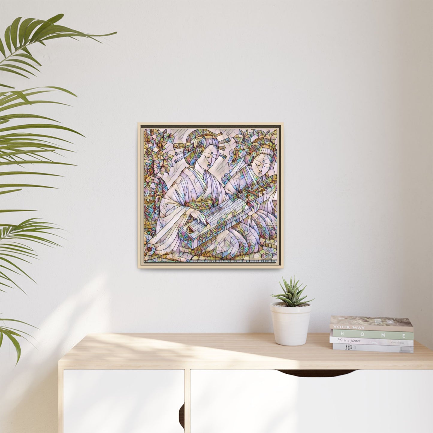 Framed Matte Canvas Print — Stained-Glass Geisha Duo
