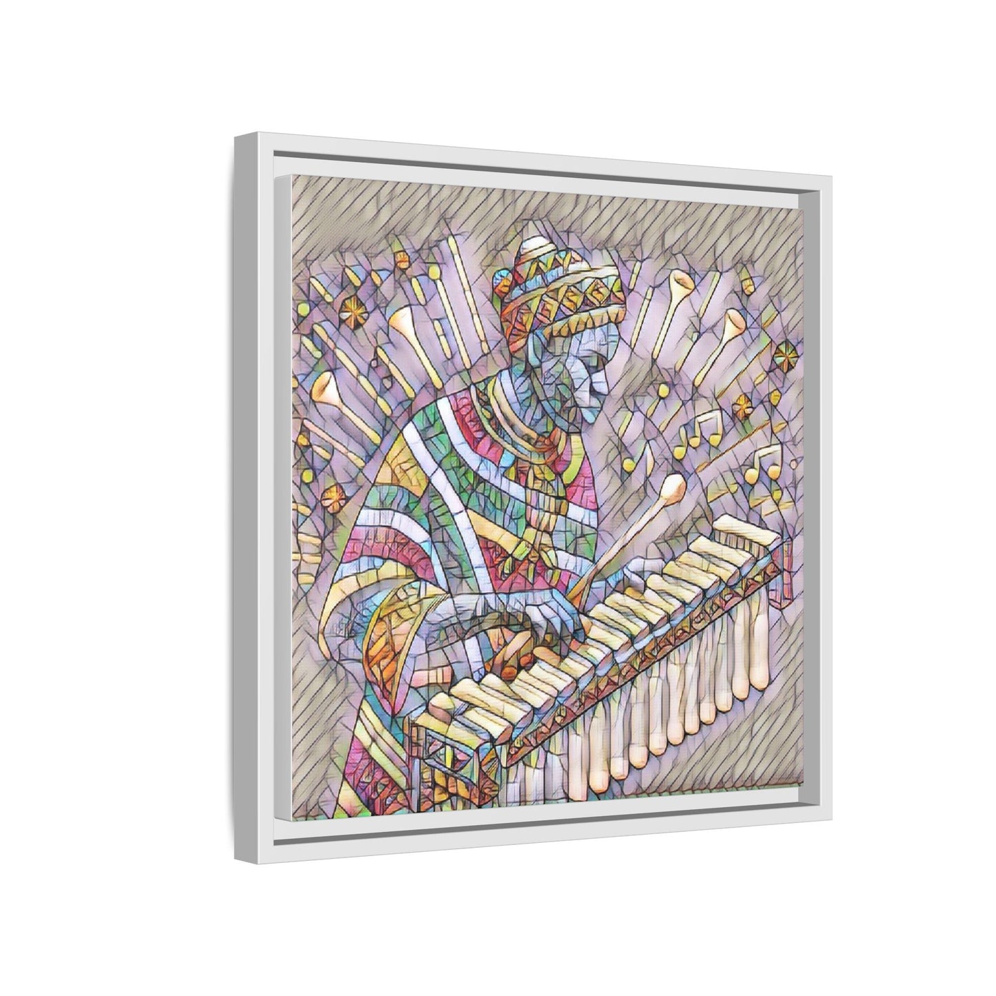 Colorful Marimba Musician Matte Framed Canvas — Vibrant African Instrument Wall Art