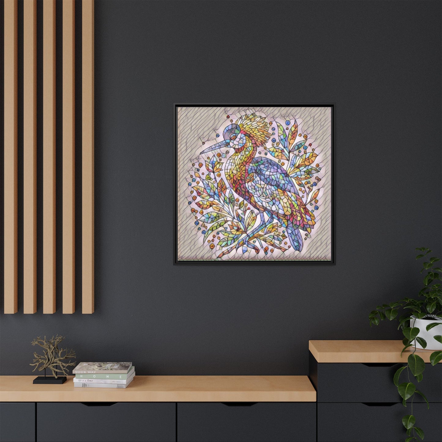 Colorful Stained-Glass Heron — Framed Matte Canvas Wall Art